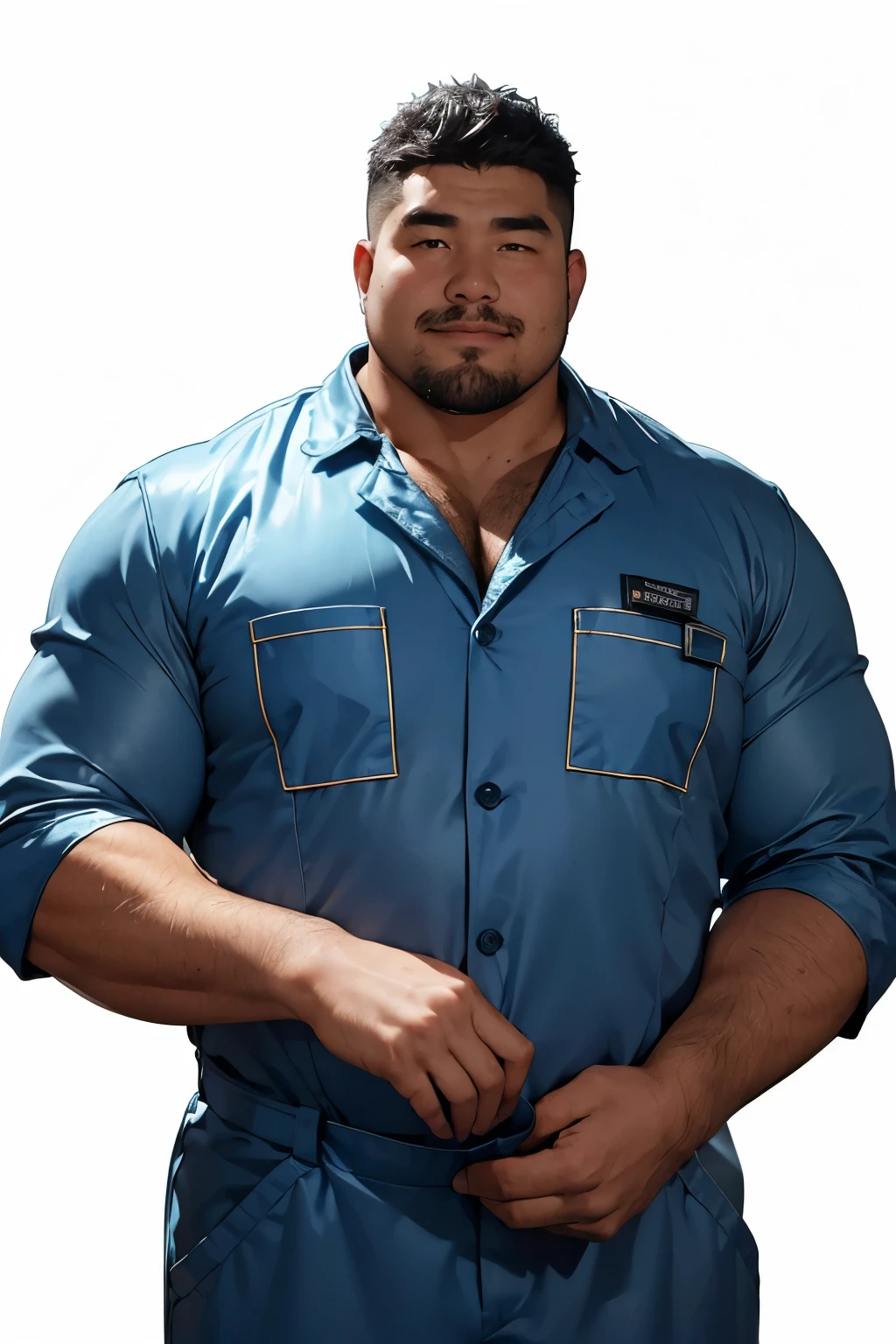 ((upper body:1.2)),A portrait full body photograph, strong burly hairy mature 40years Mongolian man, A tractive mid age Mongolian,Round face:2,heavy worker, hard worker, balg Strong, muscular, hairy big belly,A fully represented upper body,((((detail eyes)))), ((blue coveralls)),((blue work uniform)),Balanced lightning,room,Natural standing pose,very short hair, very short goatee, epic realistic, photo, ((((hdr)))), intricate scene, thick public hair, NSFW, Large body, wild plump uncle, a mature adult, facial hair, thick body, muscular, bulky, ((slightly smiling expression)),Friendly attitude,(perfect body proportions : 1.2), a mature adult, bare foot, 8K quality, photo