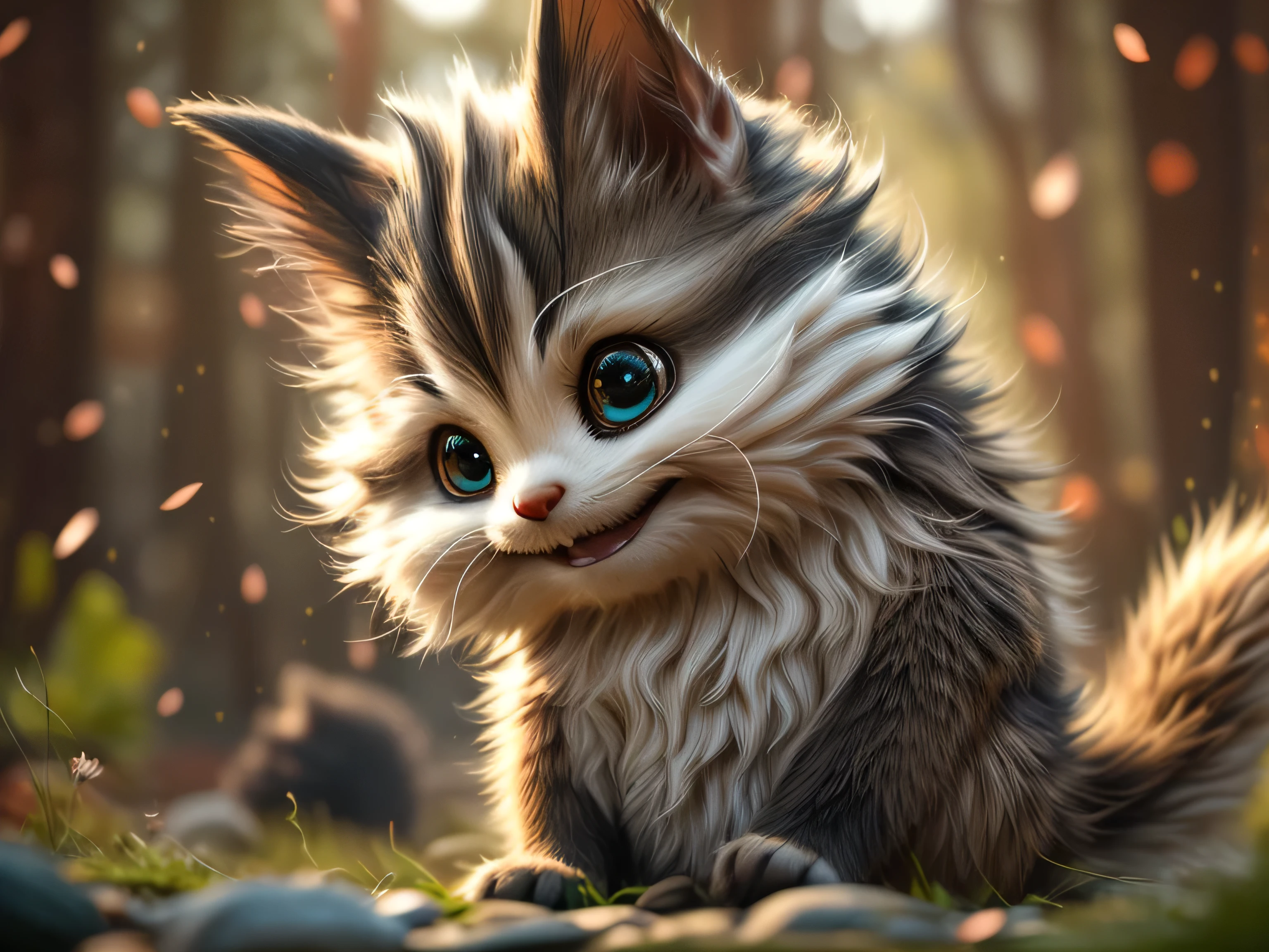 Magical Fantasy Creature, (Best Quality, Masterpiece, Representative Work, Official Art, Professional, Super Detailed, 8k:1.3), (Photorealism:1.2) Super Cute, Big Eyes, Soft, Delicate Nose, Furry, Smiling with Two Teeth, Skunk on Natural Background, Realistic, Beautiful, Stars in Eyes, Soft Volumetric Light, (Backlight:1.3), (Cinematic:1.2), Intricate Details, (ArtStation:1.3), --auto --s2