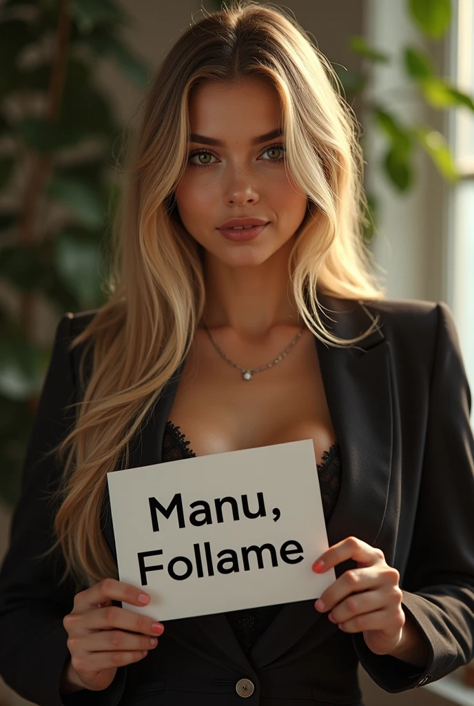 a beautiful girl with long blonde hair and huge breasts, giant breasts, cleavage, detailed eyes, nose, and lips, wearing professional outfit, siting in her office, holding a sign "Lesther, Follame Bebé", (best quality,4k,8k,highres,masterpiece:1.2),ultra-detailed,(realistic,photorealistic,photo-realistic:1.37),HDR,studio lighting,extremely detailed face and body, portrait,cinematic lighting,dramatic lighting,warm color tones,dramatic colors