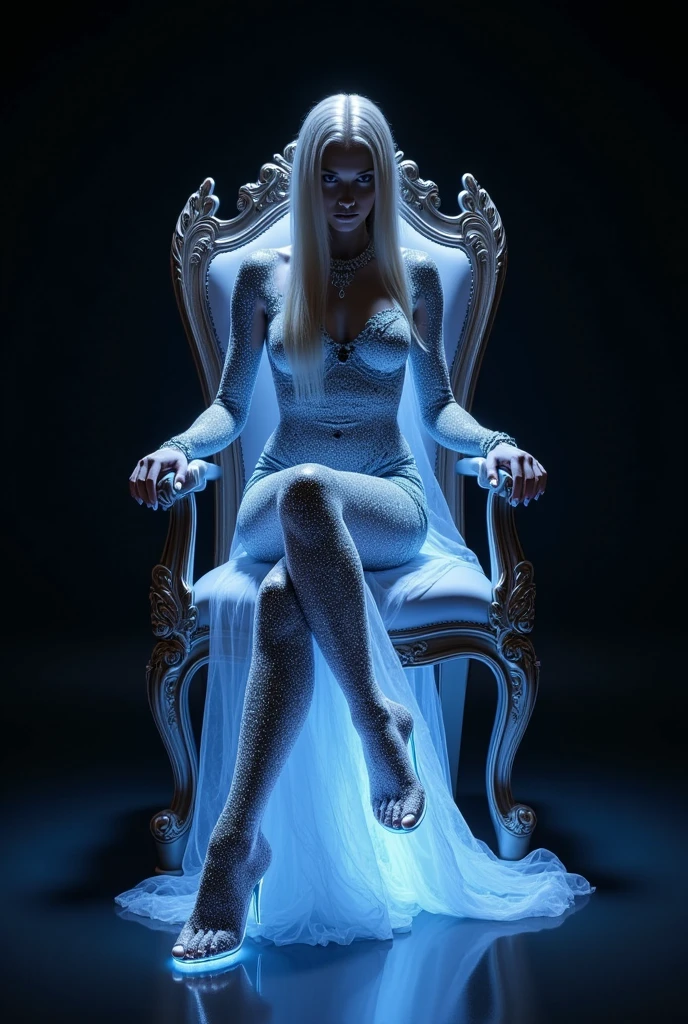 photorealistic of "holographic image" in glowing shape of full body girl, dark goth bride wearing silver tulle veil in nymph style, sitting in a throne, crossing legs,provocative pose stance,hi-res highly detailed, intricate, psychedelic gradient multi-color, dimmed front lights