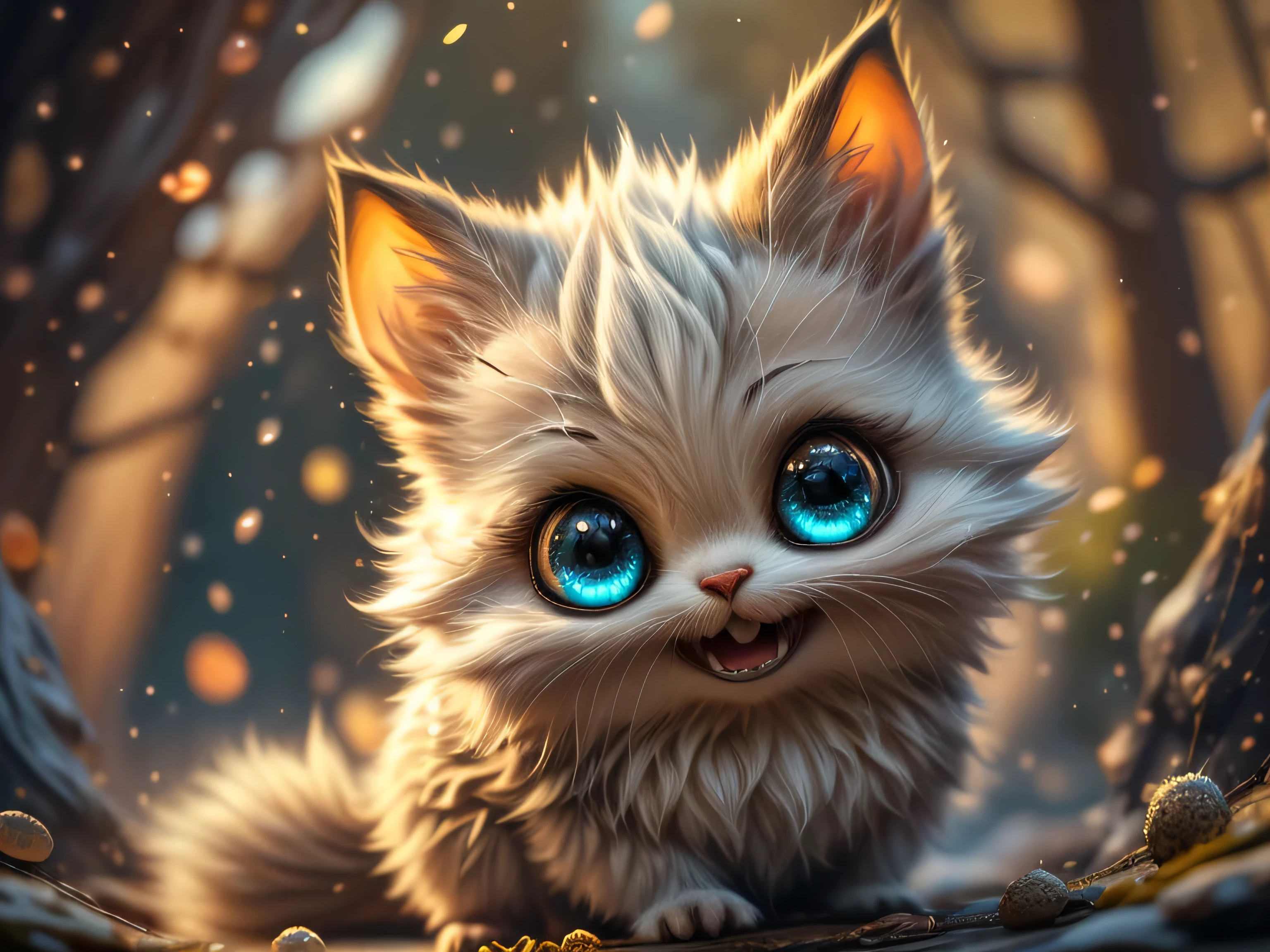 Magical Fantasy Creature, (Best Quality, Masterpiece, Representative Work, Official Art, Professional, Super Detailed, 8k:1.3), (Photorealism:1.2) Super Cute, Big Eyes, Soft, Soft Nose, Fluffy, Two-Toothed Smile, Bat Hanging Upside Down, Realistic, Beautiful, Stars in Eyes, Soft Volumetric Light, (Backlight:1.3), (Cinematic:1.2), Intricate Details, (ArtStation:1.3), --auto --s2