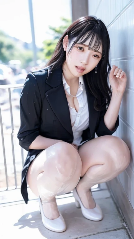 Highest,masterpiece,Highest品質, high definition , High Quality ,Realistic, Medium Hair ,Business Bags:1.2,Wet髪,torn pantyhose, pants style, high heels,  colored shirt , has small breasts, black jacket , business suit in need of an emergency :1.5,,,Place your hands between your thighs,Wet,sweat, orgasm , white skin, oily skin ,Identification card, white chocolate:2.0, embarrassed face:1.2,Several men in the background、(screw up_Yokono:1.3)