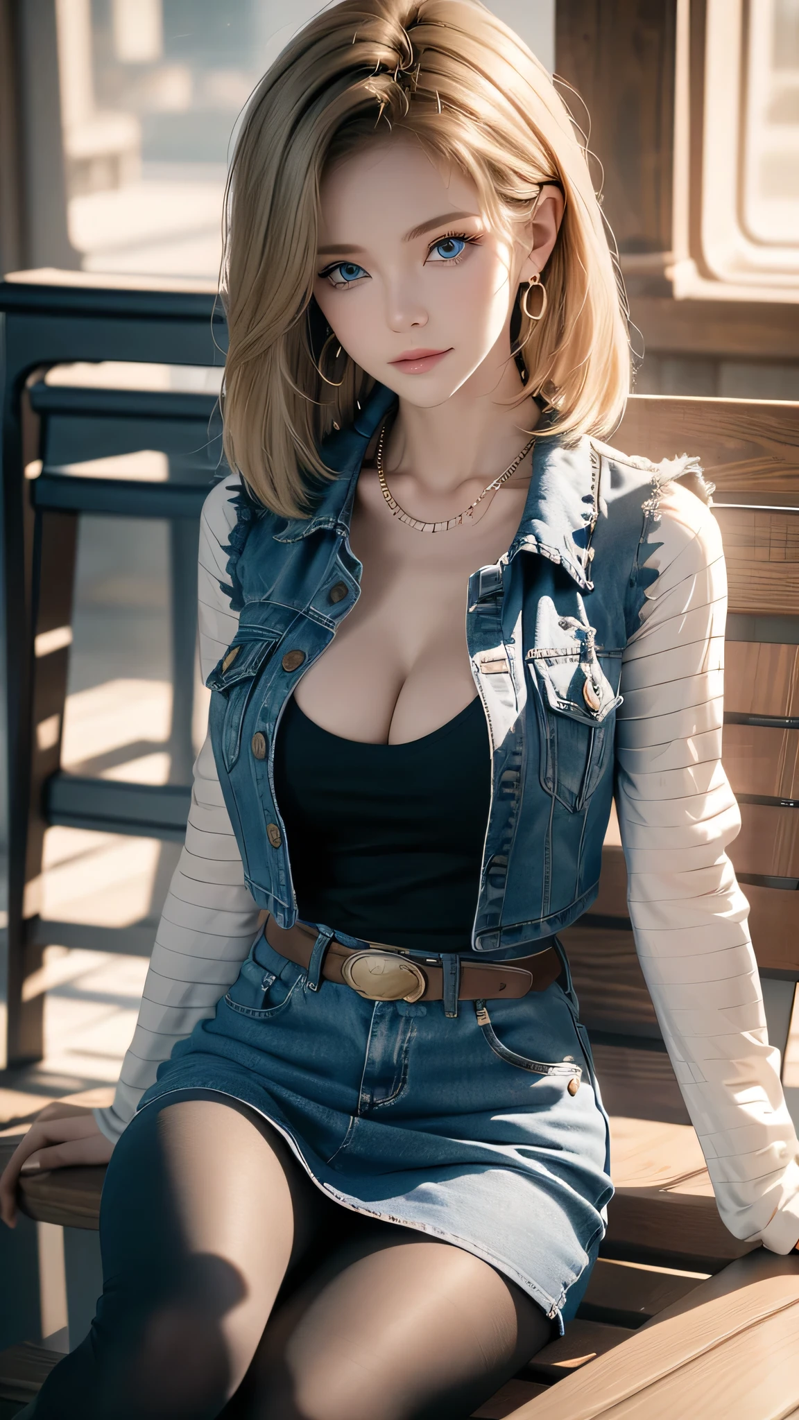 Android 18, Light Blonde hair, Medium hair shaggy cut for women, Blue Transparent eyes of Slavic Caucasians, She has sexy double eyelids above and below her eyes, The flash in the eyeballs is brilliant, She is not wearing any jewelry such as a necklace around her neck, She wears A black T-shirt that clearly exposes the cleavage, Not wearing a bra, She only Wears round earrings, Tight Long sleeves with black stripes on a white background, Blue denim mini vest, Blue denim mini skirt, The denim mini skirt and denim mini vest set in the same blue color, The mini denim vest does not have a zipper, but the mini denim skirt does, and the denim vest has five silver buttons to fasten the garment, The denim skirt's zipper seam line and stitching run vertically straight to the bottom of the skirt, and the denim vest has no zipper, so it's clean, Open-chested denim vest, Large breasts, Women's Western Cowboy Belt, Brown see-through pantyhose, She is wearing western-style brown short boots with buckles, She sits with her body pressed completely against the back of the bench, She deliberately lifts her right boot leg and places it neatly on the right side of her body infront of the bench that she is sitting on, Looking at viewer, Slight smiling with closed lips sitting on the bench , Blue sky, outside, on the bench, park, grass, Summer, trees, high quality, masterpiece,