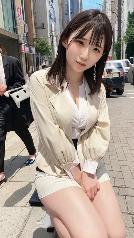 Highest,masterpiece,Highest品質, high definition , High Quality ,Realistic, Medium Hair ,Business Bags:1.2,Wet髪,torn pantyhose, pants style, high heels,  colored shirt , has small breasts, black jacket , business suit in need of an emergency :1.5,,,Place your hands between your thighs,Wet,sweat, orgasm , white skin, oily skin ,Identification card, white chocolate:2.0, embarrassed face:1.2,Several men in the background