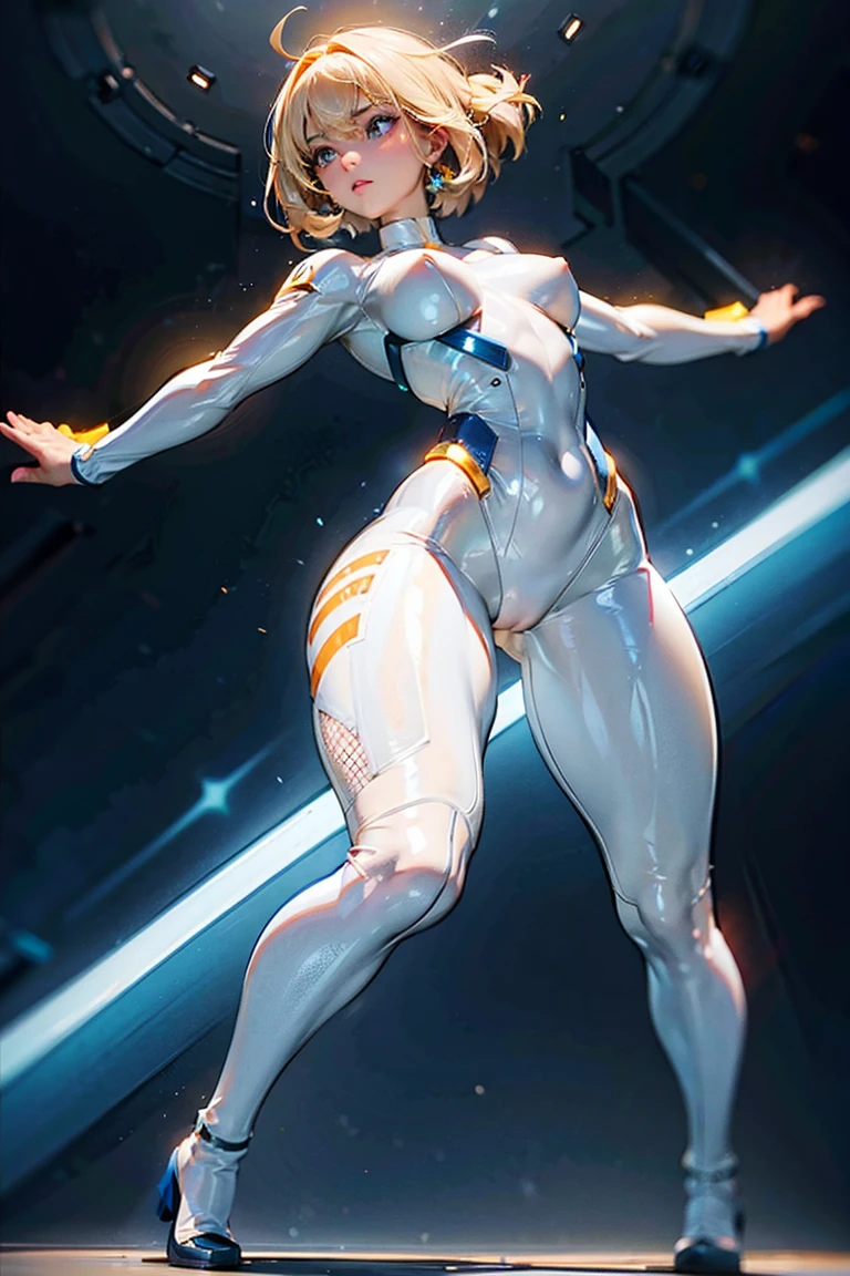 A beautiful woman with a perfect body, glowing translucent bodysuit, dynamic pose