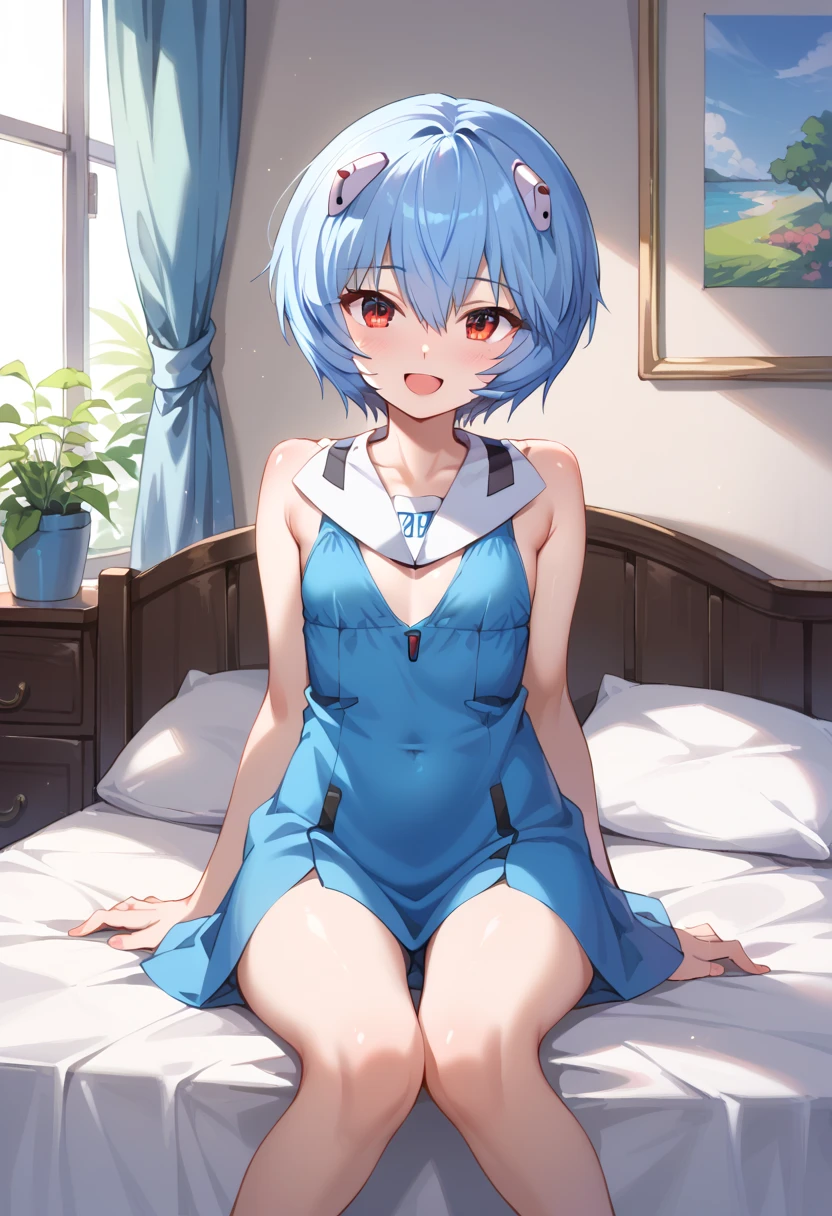 (( best quality)), ((masterpiece)), (be familiar with),  perfect face, indoor, bedroom,  watching viewers ,
One woman, Rei Ayanami,
 characters with open mouth ,  ecstatic expression with hands in front of body, blush, smile,
Small breasts,  flat chested, Young girl, Lori,  s,  girl,
Short Hair,  shorthair ,
Leg spread,