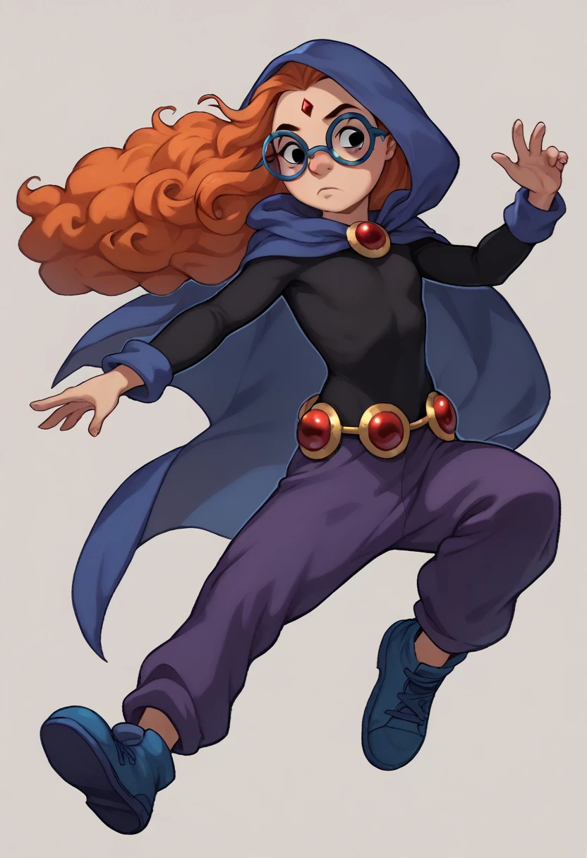 MertleEdmondsLSXL, MertleEdmondsLSXL, Mertle Edmonds, MertleEdmonds, black eyes, orange hair, curly hair, long hair, blue glasses, flat chest, black shirt, long sleeves, purple pants, purple-blue cape, blue shoes, masterpiece, raven \(dc\), raven from titans outfit, superhero outfit, power, hood, black magic