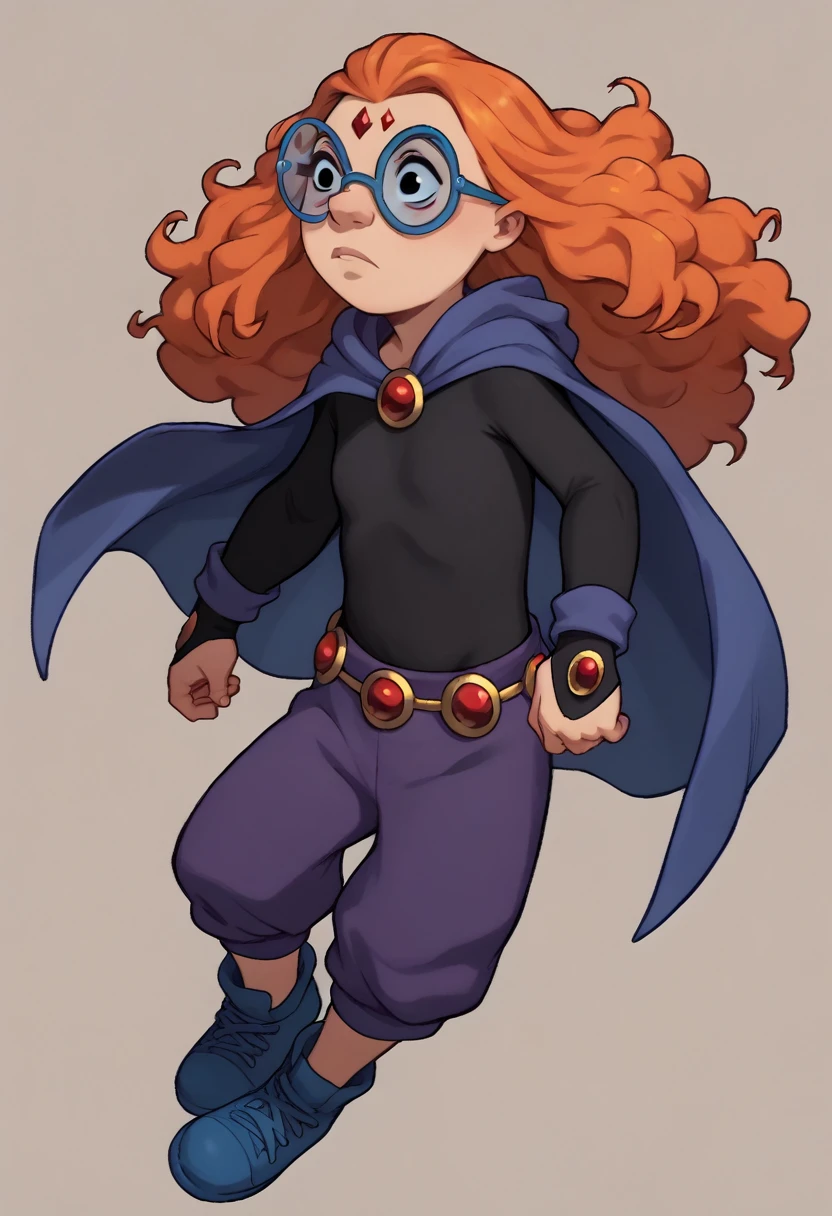 MertleEdmondsLSXL, MertleEdmondsLSXL, Mertle Edmonds, MertleEdmonds, black eyes, orange hair, curly hair, long hair, blue glasses, flat chest, black shirt, long sleeves, purple pants, purple-blue cape, blue shoes, masterpiece, raven \(dc\), raven from titans outfit, superhero outfit, power, hood, black magic