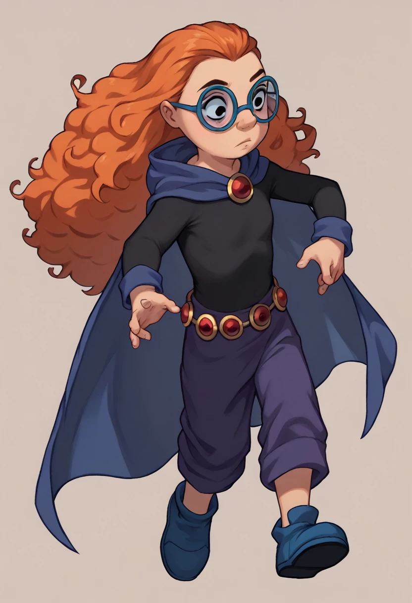 MertleEdmondsLSXL, MertleEdmondsLSXL, Mertle Edmonds, MertleEdmonds, black eyes, orange hair, curly hair, long hair, blue glasses, flat chest, black shirt, long sleeves, purple pants, purple-blue cape, blue shoes, masterpiece, raven \(dc\), raven from titans outfit, superhero outfit, power, hood, black magic