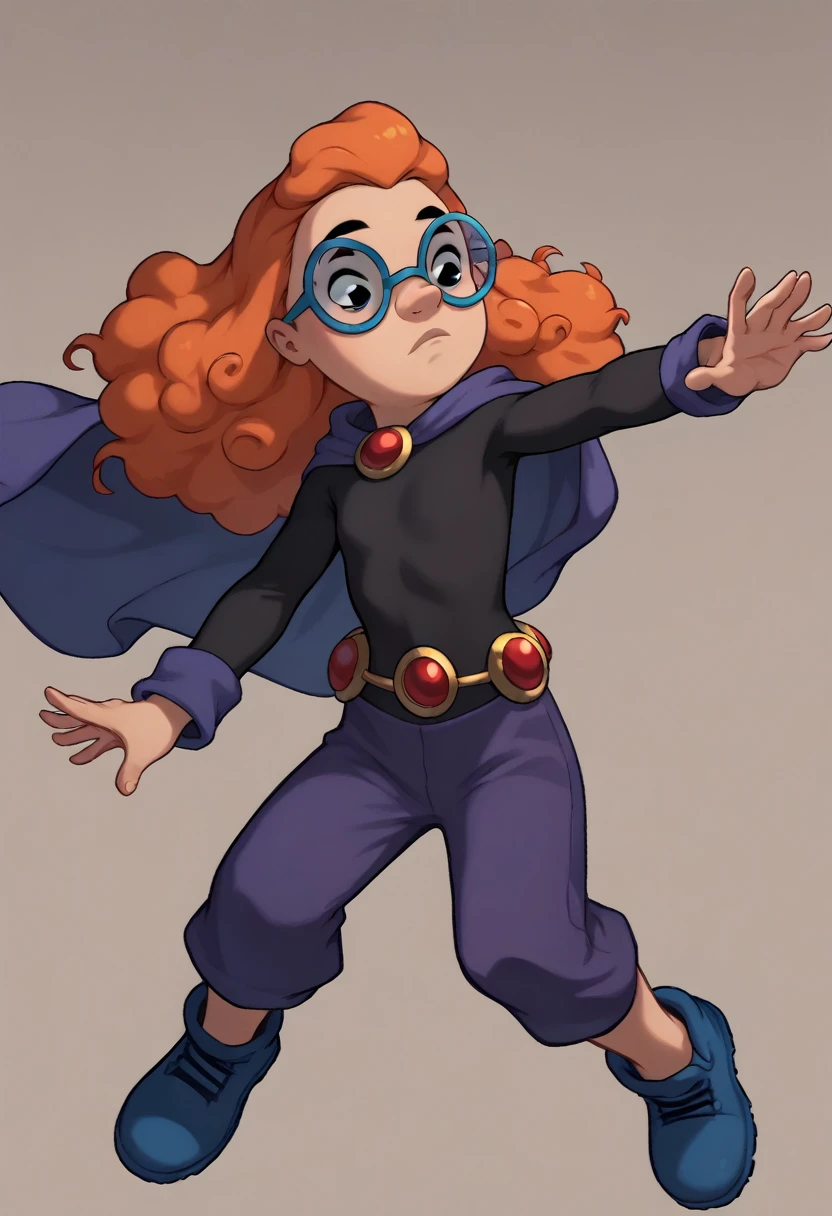 MertleEdmondsLSXL, MertleEdmondsLSXL, Mertle Edmonds, MertleEdmonds, black eyes, orange hair, curly hair, long hair, blue glasses, flat chest, black shirt, long sleeves, purple pants, purple-blue cape, blue shoes, masterpiece, raven \(dc\), raven from titans outfit, superhero outfit, power, hood, black magic