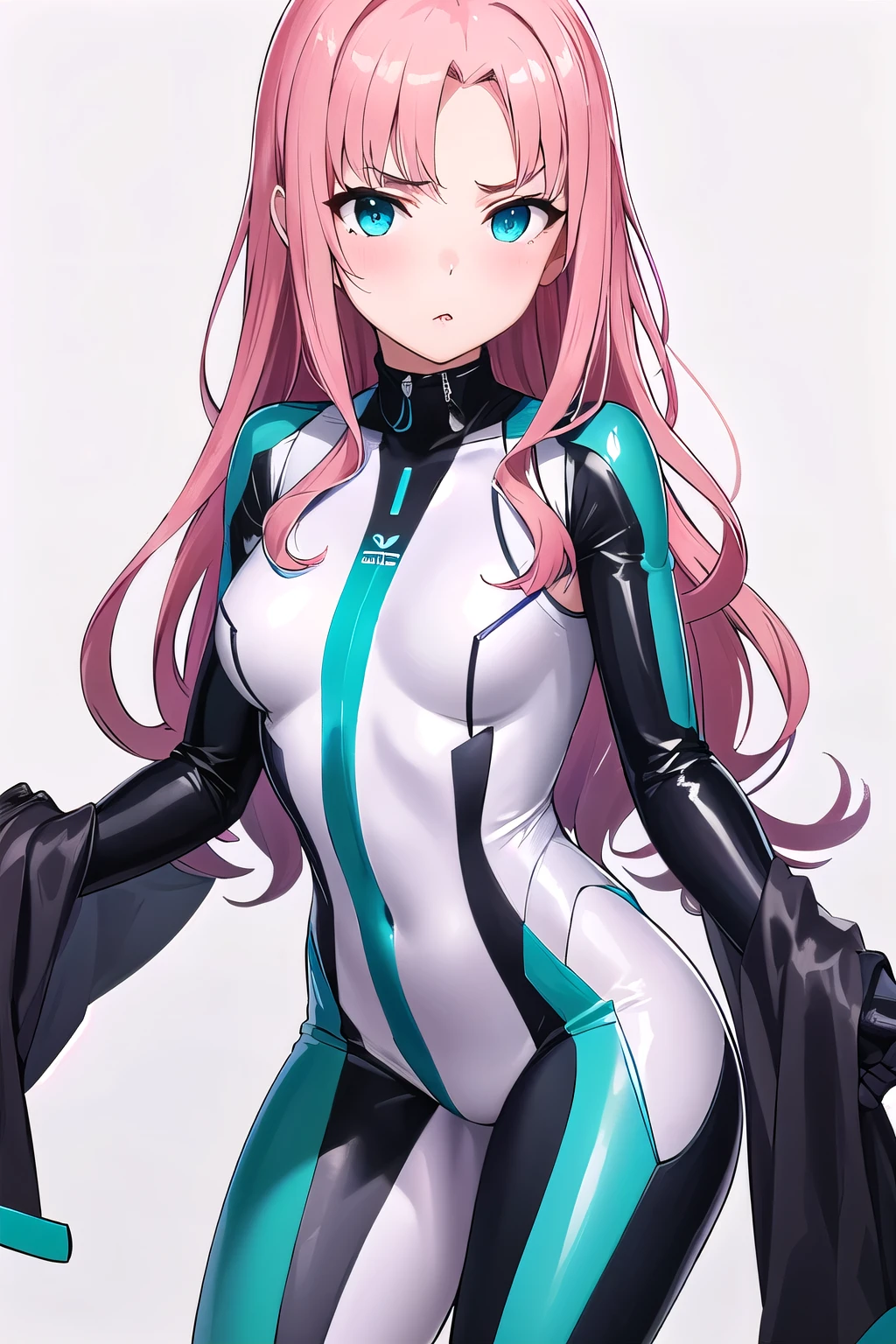 1girl,Samus aran,solo,green eyes, pink hair, forehead   hair, white zero suit,white body suit,purple stripes,cowboy shot,blush,,Science fiction,ultra-detailed,sharp focus,aesthetic,(best quality), white background, smile, (trying to undress:1.3)