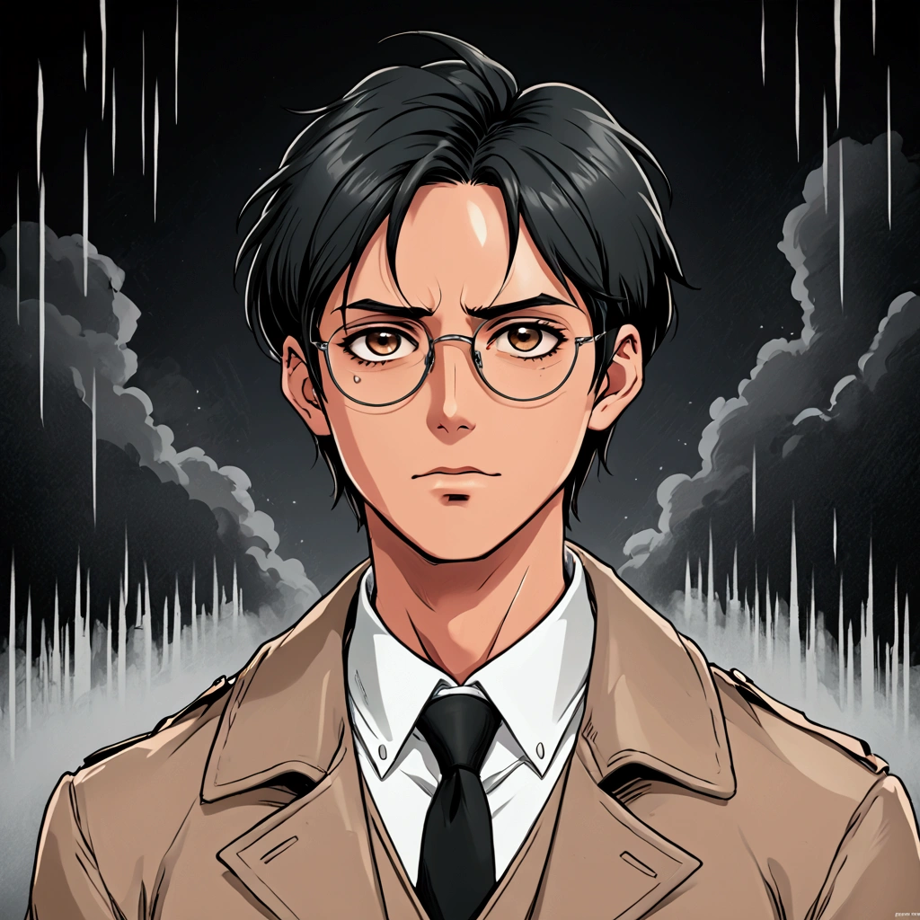 (foco frontal), (8k, 4k, intricate),(closeup-shot:1), (highly detailed:1.2),(detailed background:1.2, apocalyptic background, night time), Masterpiece, best quality, {best quality}, {{masterpiece}}, {highres}, an close up of a man wearing glasses and a black tied shirt, beige trenchcoat, slick backed hairstyle, handsome male, miura manga art style, portrait of Eren Yeager, Levi Ackerman, in an anime style, Kentaro Miura manga style, kentaro miura art style, inspired by Ryūsei Kishida, Inspired by Munakata Shikō