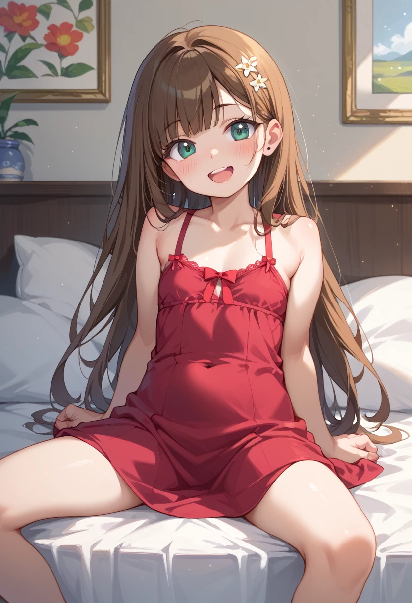 (( best quality)), ((masterpiece)), (be familiar with),  perfect face, indoor, bedroom,  watching viewers ,
One woman,  Gamemun Neko ,
 characters with open mouth ,  ecstatic expression with hands in front of body, blush, smile,
Small breasts,  flat chested, Young girl, Lori,  kids,  girl,
 long hair,  long hair,
Leg spread,