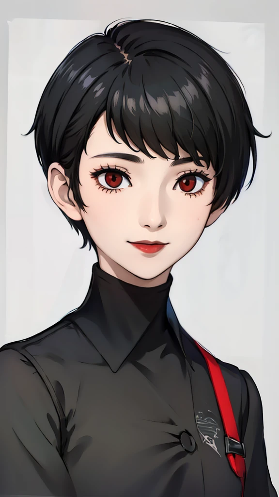 1 girl, very Short hair, tomboy Pixie haircut, black hair, red eyes, black lipstick, black lipstick, face portrait, black choker, front face, front face, face portrait, bangs, smile, winter ******girl sailor uniform
