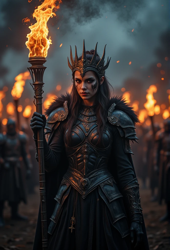 ((masterpiece)) ((photography)) ((Highest quality))  A cinematic, hyper-realistic fantasy portrait of a fierce female warrior leader standing in a medieval battlefield at dusk. She wears intricate black gothic armor with sharp metallic details, fur-lined shoulders, and an elaborate spiked crown. Her face is painted with dark tribal war markings, her piercing eyes radiate determination. She holds a tall burning torch, the firelight illuminating her armor. The background is filled with blurred soldiers holding torches, creating a dramatic and immersive atmosphere. Cool and warm tones blend seamlessly, emphasizing the mysterious and powerful ambiance.