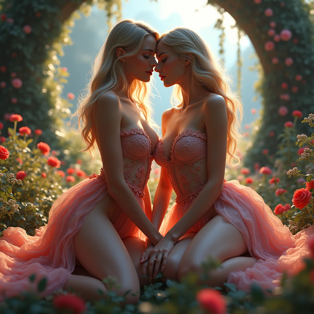 A 2 woman with an hourglass figure and perfect breasts poses with enchanting grace in a Dreamy Garden photoshoot. She is elegantly attired in blue lingerie, featuring a delicate top and bottom piece that highlights her flawless curves. Her long, blond hair flows in soft waves, complementing her captivating blue eyes.
The scene is set in a whimsical garden filled with delicate floral arrangements and lush greenery. Ethereal, soft lighting bathes the scene in a gentle glow, creating a magical and serene atmosphere. Pastel-colored flowers add a dreamy contrast to her blue lingerie, enhancing the romantic and enchanting mood of the setting.
In this idyllic garden, she interacts tenderly with the flowers, perhaps holding or gently touching them, adding a sense of natural beauty and grace. Her poses are fluid and graceful, capturing moments of delicate interaction with the floral elements. The combination of her elegant lingerie and the soft, blooming surroundings creates a portrait that is both enchanting and timeless, evoking a sense of fairy-tale romance.