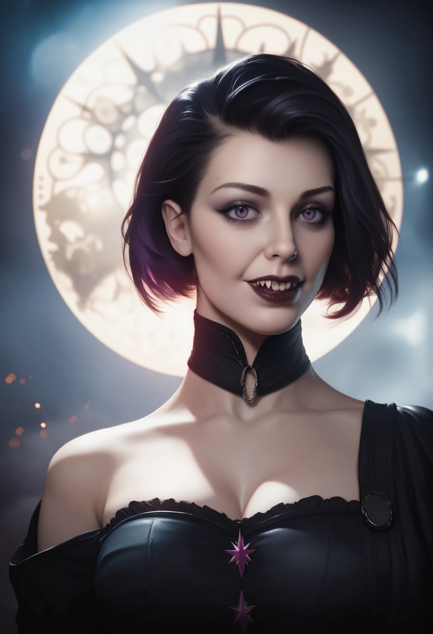 best quality,ultra-detailed, gothpunk,beautiful detailed blue eyes,beautiful detailed lips,long black hair,pale skin, white dress,roses,moonlight,sharp fangs,dark atmosphere,haunting,ethereal,nighttime,fangs gleaming,bloodlust,hypnotic gaze,vampire