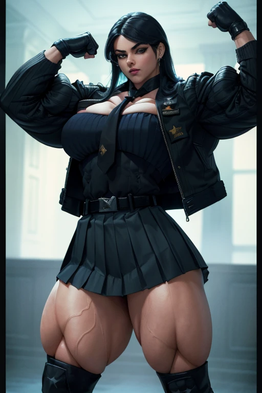 demon girl, pale skin, pulled-up black hair, red eyes, face-framing strands, wide hips, huge thighs, slim waist, dark gray military shirt with rolled-up sleeves, military hat, black dress pants, body-defining clothing , saber sheathed on hip, gold accents on clothes, abandoned military base as background, masterpiece, HD, vibrant environment, clean and lively