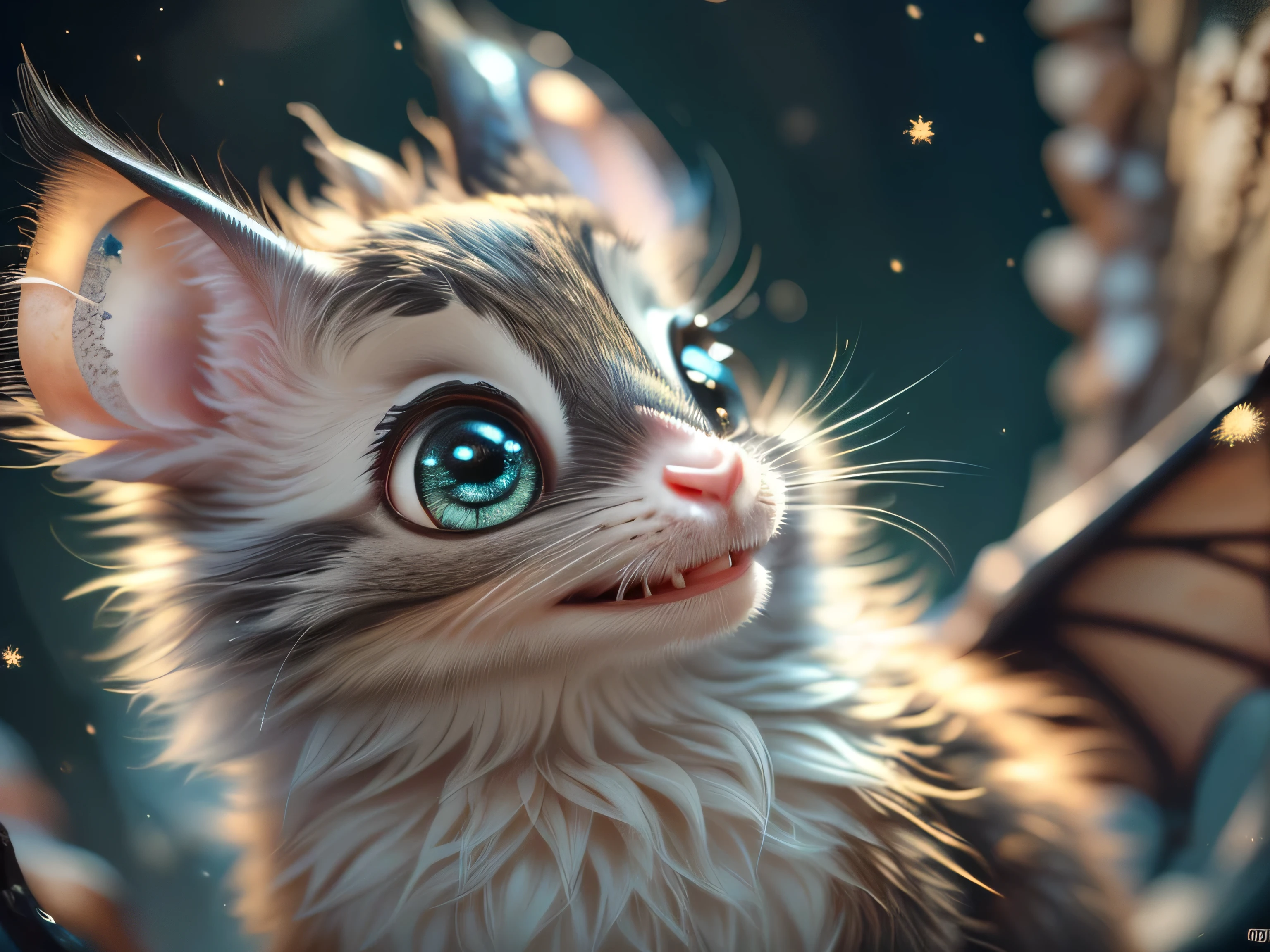 Magical Fantasy Creature, (Best Quality, Masterpiece, Representative Work, Official Art, Professional, Super Detailed, 8k:1.3), (Photorealism:1.2) Super Cute, Big Eyes, Soft, Soft Nose, Fluffy, Two-Toothed Smile, Bat Mouse, Realistic, Beautiful, Stars in Eyes, Soft Volumetric Light, (Backlight:1.3), (Cinematic:1.2), Intricate Details, (ArtStation:1.3), --auto --s2