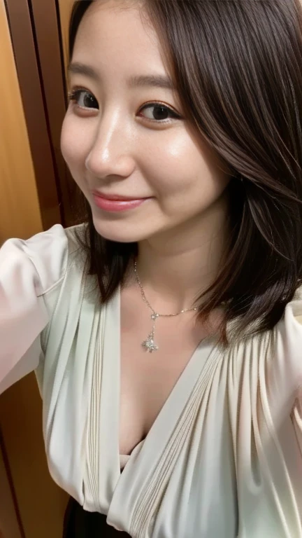 (  best quality, 8k, 32K, masterpiece,  ultra high resolution:1.2),美しい女性のSelfie写真, 30 year old housewife ,   upper body,  face focus  , blouse,  long skirt,  emphasizes cleavage,  Necklaces  ,  simple background,  looking up at the viewer  ,(Selfie), ((Selfie)), ((Selfie:1.2)),  angle seen from above ,  overhead shot , {{kissu, Kissing Face
