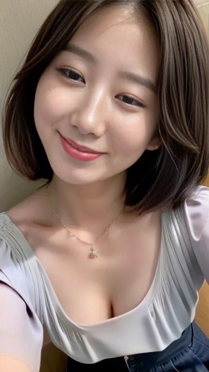 (  best quality, 8k, 32K, masterpiece,  ultra high resolution:1.2),美しい女性のSelfie写真, 30 year old housewife ,   upper body,  face focus  , blouse,  long skirt,  emphasizes cleavage,  Necklaces  ,  simple background,  looking up at the viewer  ,(Selfie), ((Selfie)), ((Selfie:1.2)),  angle seen from above ,  overhead shot , {{kissu, Kissing Face
