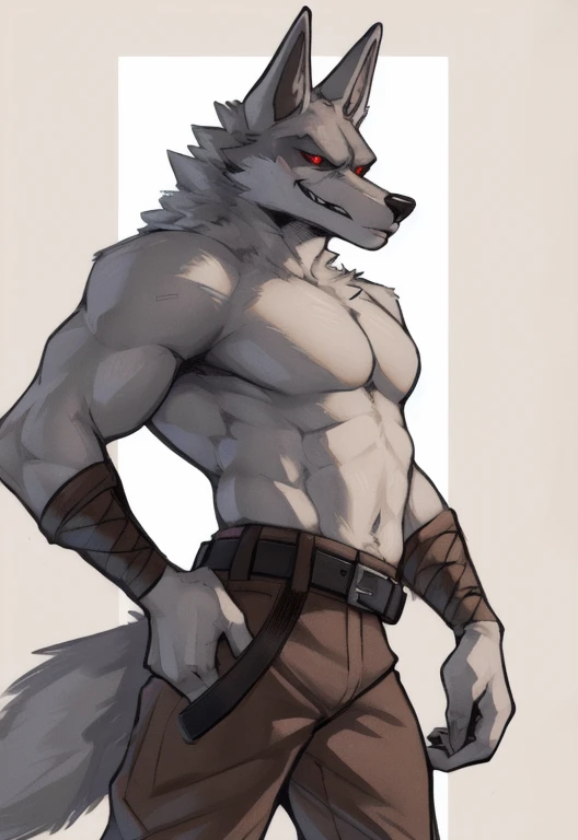 (by zackary911, anime, soft hatching) anthropomorphic, solo, human anatomy, adult, tall, mature, anthro, (skinny muscles, pecs, biceps, fit body), (DEATH (Puss in boots), white fur, wolf ears, wolf tail, red pupils, black sclera), (armbands, brown pants, belt around waist), (posing, smirking)