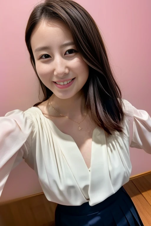 (  best quality, 8k, 32K, masterpiece,  ultra high resolution:1.2),美しい女性のSelfie写真, 30 year old housewife ,  upper body,  face focus  , blouse,  long skirt, F Cup,  emphasizes cleavage,  Necklaces  ,  simple background,  looking up at the viewer  ,(Selfie), ((Selfie)), ((Selfie:1.2)),  angle seen from above ,  overhead shot , {{kissu, Kissing Face
