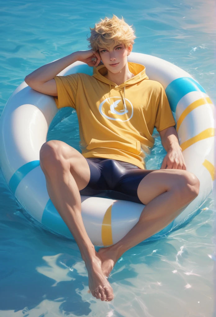 score_9, score_8_up, score_7_up, A hyper realistic ultra detailed photo of handsome man, fancy hair ,  golden blonde  hair, ultrarealistic, cute,  body, perfect eyes , looking at viewer, amusement  ,  laying on back  ,  casual outdoor background, wearing tight hoodie T-shirt and tight knee-length blue swim jammers , layered skirt, full body portrait, masculine spandex bulge