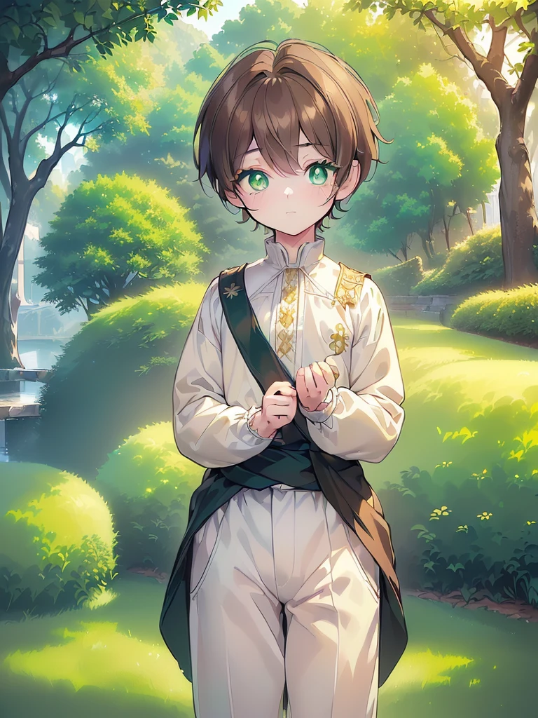 (makes an aesthetic,Master piece,Best Quality:1.5,all detailed,ultra detailed,extremely detailed CG unity 8k wallpaper:1.5,intricate details,watercolor:1.4),((1boy:2,solo:2,6year old,beautiful boys:2.5)),((very short hair:2.5,pixie cut:2.5,brown hair:2,green eyes:2,perfect eyes:2,round eyes:1.6,anime eyes:1.5)),bright pupils, white pupils,(white skin,shy:1.3,embarrassed:1.2),fantasy world,in the noon,castle:1.3,((aristocratic costume:1.8, royalty:2,prince:1.5,pants))