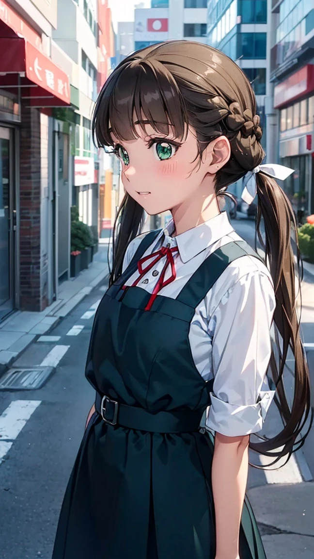 ((8K, Raw, Best Quality, Real 1.2), Ultra High Quality, High Resolution, Best Quality, Perfect Face, Perfect Limbs, Perfect Fingers, High Resolution, (Beautiful Anime Face, Cute Face, Detailed Face)kinako sakurakouji, long hair, bangs, brown hair, twintails, (green eyes:1.3), hair ribbon, braid, blunt bangs, low twintails,,--,, shirt, dress, ribbon, uniform, white shirt, collared shirt, red ribbon, neck ribbon,, blue pinafore dress, grey dress, Yuigaoka uniform, ------ looking away from viewer, solo focus, paiyama, tree, shibuya japan, 109 intersection, real world location, landscape, outdoors, building, ground vehicle, road, street, car, city, daytime Best Quality Background, High Resolution Background, Highly Detailed Background --((Side View 1.3))),((Standing in the Middle of a Square 1.3))),((Waiting for Someone 1.3))),((Blushing and Embarrassed Expression 1.3)), miniature human hand, (((medium bust 1.3))), (((thin thighs 1.3))), perfect anatomy, perfect proportions, nice lighting, bright colors, clean lines, information, blurred, stunning facial expression, restless emotions, gorgeous and cute, beautiful face and eyes with every detail, (masterpiece) beautiful face, young and handsome girl, really perfect skin, blurred, facial expression, restless emotions, gorgeous and cute, beautiful face and eyes with every detail, (Audrey Hepburn), (cute), (J-POP idol), (thighs, (depth of field), (depth of detail), soft light, sparkling lens gaze, (droopy eyes)), straight teeth, shy smile, flowing hair,