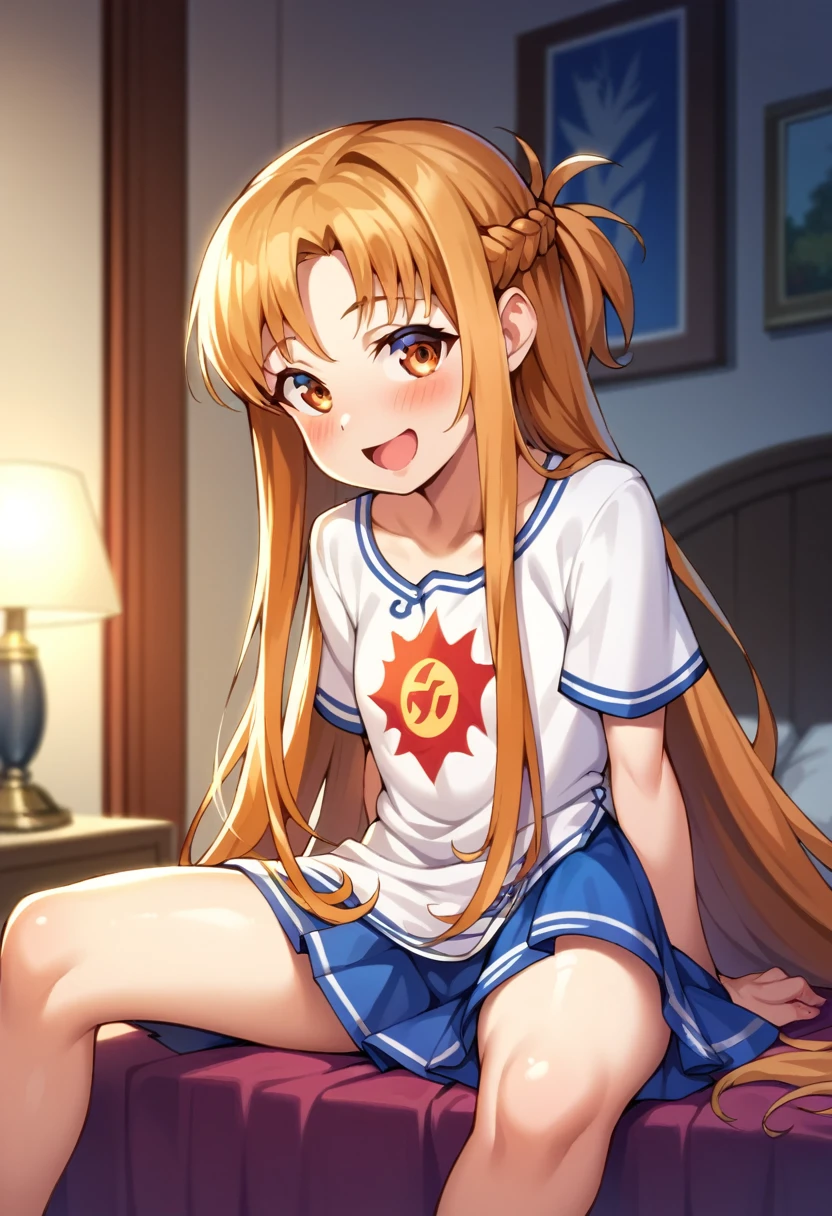 (( best quality)), ((masterpiece)), (be familiar with),  perfect face, indoor, bedroom,  watching viewers ,
One woman,  Asuna Yuki,
 characters with open mouth ,  ecstatic expression with hands in front of body, blush, smile,
Small breasts,  flat chested, Young girl, Lori,  kids,  girl,
 long hair,  long hair,
Leg spread,