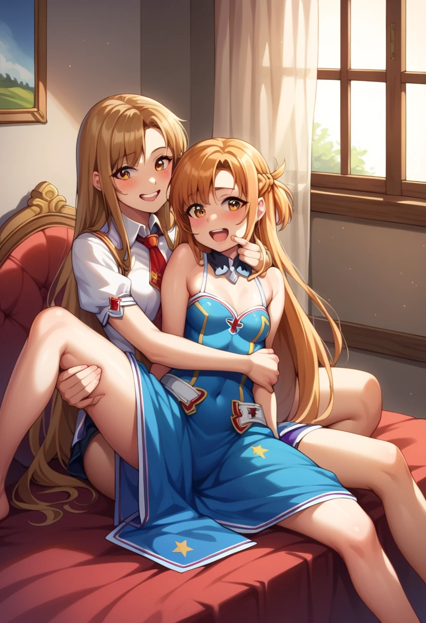 (( best quality)), ((masterpiece)), (be familiar with),  perfect face, indoor, bedroom,  watching viewers ,
One woman,  Asuna Yuki,
 characters with open mouth ,  ecstatic expression with hands in front of body, blush, smile,
Small breasts,  flat chested, Young girl, Lori,  kids,  girl,
 long hair,  long hair,
Leg spread,