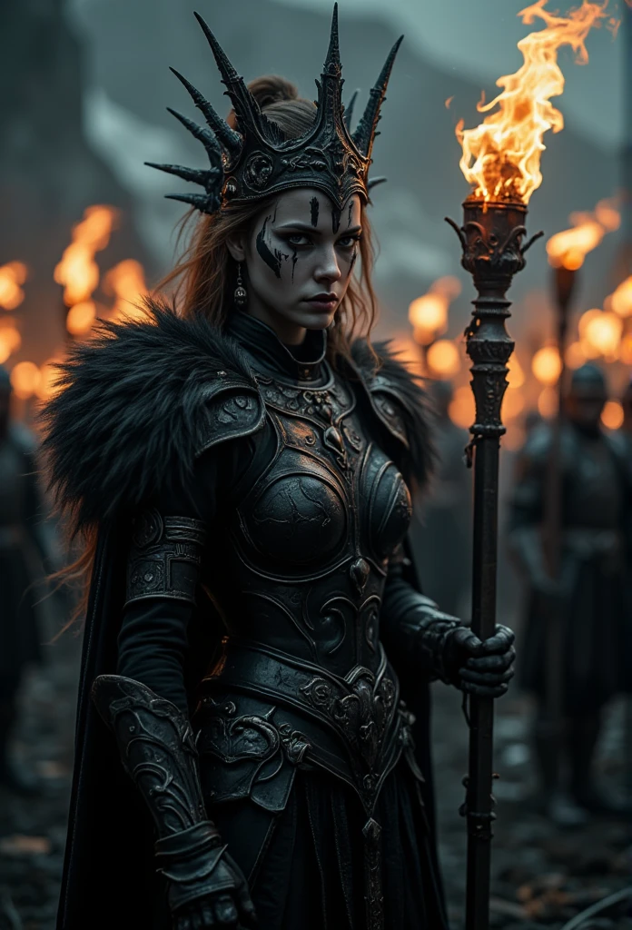 ((masterpiece)) ((photography)) ((Highest quality))  A cinematic, hyper-realistic fantasy portrait of a fierce female warrior leader standing in a medieval battlefield at dusk. She wears intricate black gothic armor with sharp metallic details, fur-lined shoulders, and an elaborate spiked crown. Her face is painted with dark tribal war markings, her piercing eyes radiate determination. She holds a tall burning torch, the firelight illuminating her armor. The background is filled with blurred soldiers holding torches, creating a dramatic and immersive atmosphere. Cool and warm tones blend seamlessly, emphasizing the mysterious and powerful ambiance.