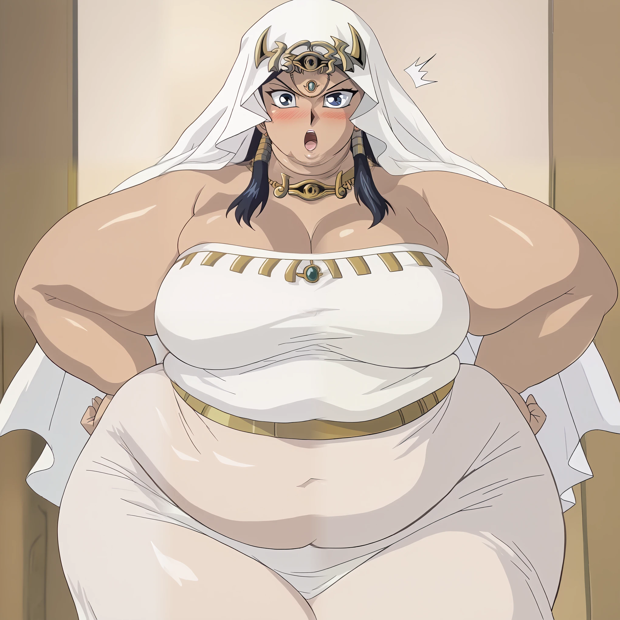 score_9, score_8_up, score_7_up, BREAK source_anime, BREAK II, 1girl, solo, looking at viewer, , eye of horus headpiece, eye of horus necklace, forehead jewel, head scarf, wedding dress, fat, chubby, obese, gigantic arms and legs, large breasts, Ishizu Ishtar, detailed face, perfect quality, detailed eyes, detailed mouth, open mouth,  surprised out of breath, blush, embarrassed