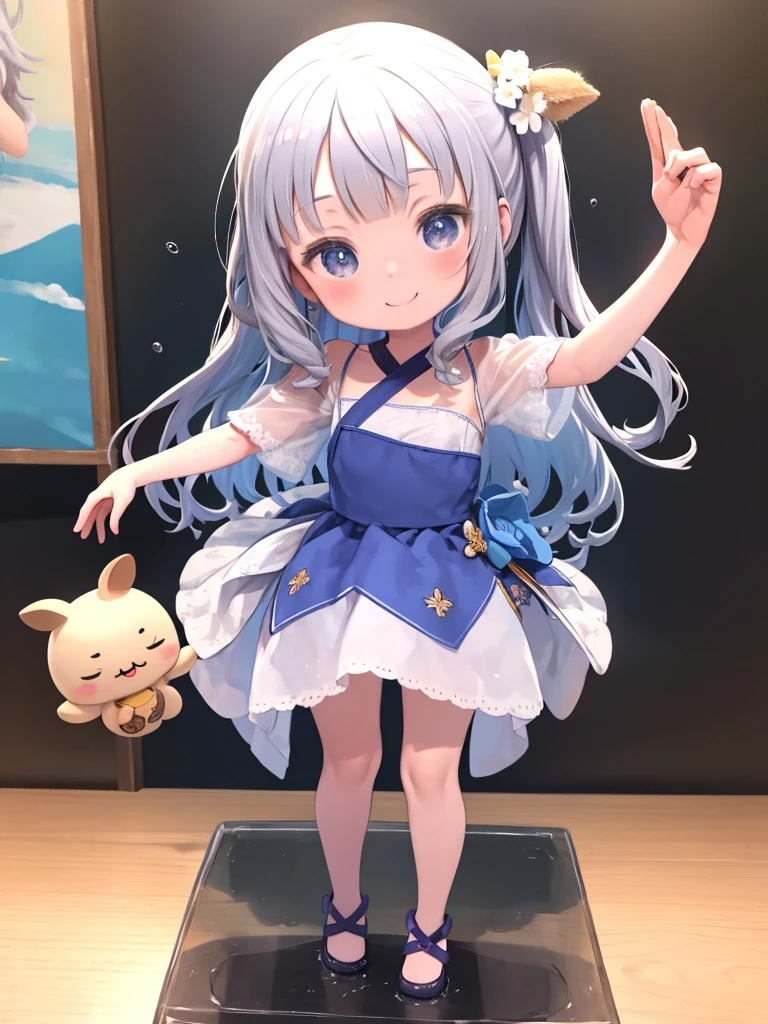photoRealstic、Doll standing in front of the painting、swim wears、laugh face、Water droplets on the cheeks、Take an outstretched pose、Sengai、pixiv、rokoko、dollfie dream、watercolor Nendoroid、(High Definition Figure)、Flowing iridescent silk、nendroid、up of face、There are also flowers in front of the nendroids、Morning glory petals、season!!: 夏☀ 🍂 朝顔