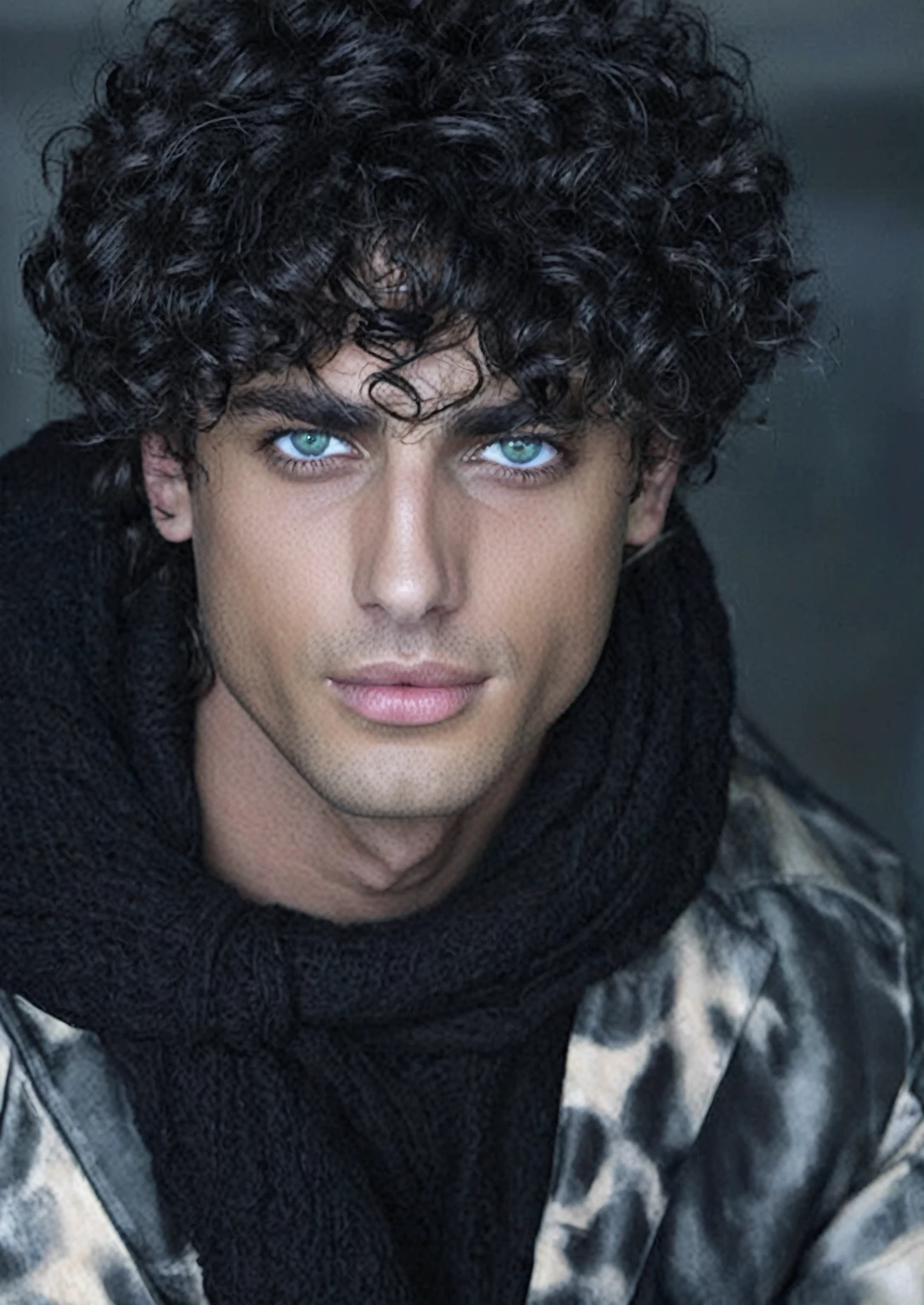 arafed man with curly hair wearing a scarf and a scarf, with blue eyes!!!!, handsome eyes, with haunted eyes and curly hair, with stunning green eyes, perfect handsome face, black intense eyes, beautiful male face, anato finnstark. perfect faces, black hair and large eyes, brown skin man egyptian prince, handsome face, with curly black and silver hair