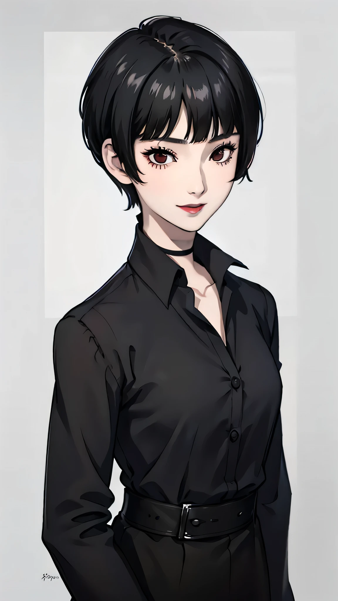 1 girl, very Short hair, tomboy Pixie haircut, black hair, red eyes, black lipstick, black lipstick, face portrait, black choker, front face, front face, face portrait, bangs, smile, white shirt 
