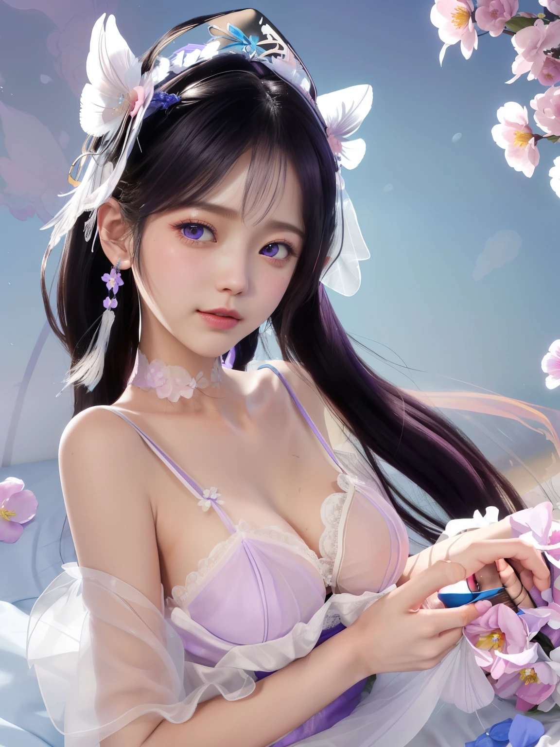 Portrait of a young woman in Japan、One Girl、18-year-old、Alone、(The whole body is projected)、(See-through lingerie)、Shooting from above、Lying down、(Sleep on your back)、(Caressing the breasts with hands)、Beautiful and sexy、Look up、Embarrassed face、Ecstatic expression、Beautiful Face、Detailed face、Long eyelashes, Short Bob、Black Hair、(Small breastoisturized Skin、(Photorealistic)、Cinematic Light、Soft Light、Soft Focus、Bokeh、BREAK(colored feather)、(Colored Flowers)、(Fractal Art)、(colorful)、metal ornaments、particle、light、aesthetic、Very detailed、(Blank background)、(Abstract background)、(Highest quality, masterpiece, High resolution)、8k、wallpaper