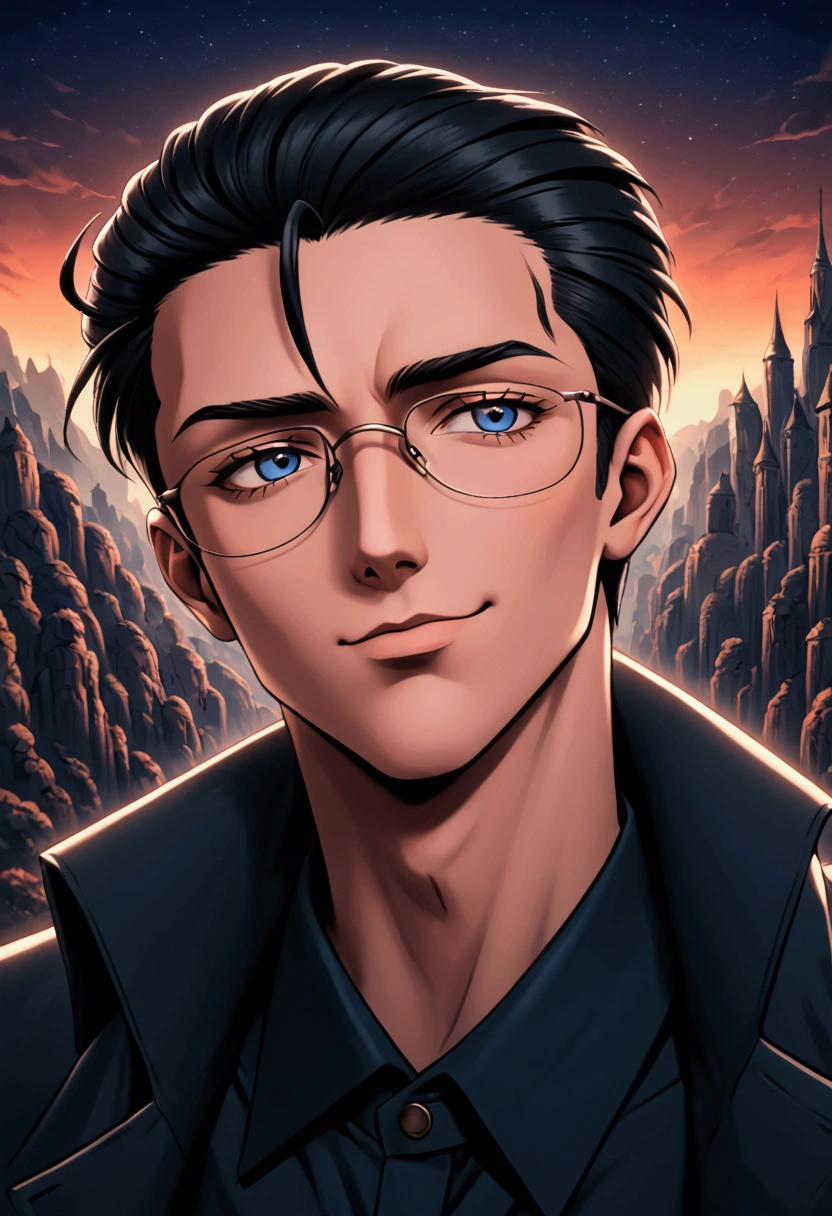 (foco frontal), (8k, 4k, intricate),(closeup-shot:1), (highly detailed:1.2),(detailed background:1.2, apocalyptic background, night time), Masterpiece, best quality, {best quality}, {{masterpiece}}, {highres}, smug smile, dark blue eyes, an close up of a dark skinned man wearing glasses and a black tied shirt, beige trenchcoat, slick backed hairstyle, handsome male, miura manga art style, portrait of an dark skinned guy who looks like Levi Ackerman, in an anime style, Kentaro Miura manga style, kentaro miura art style, inspired by Ryūsei Kishida, Inspired by Munakata Shikō