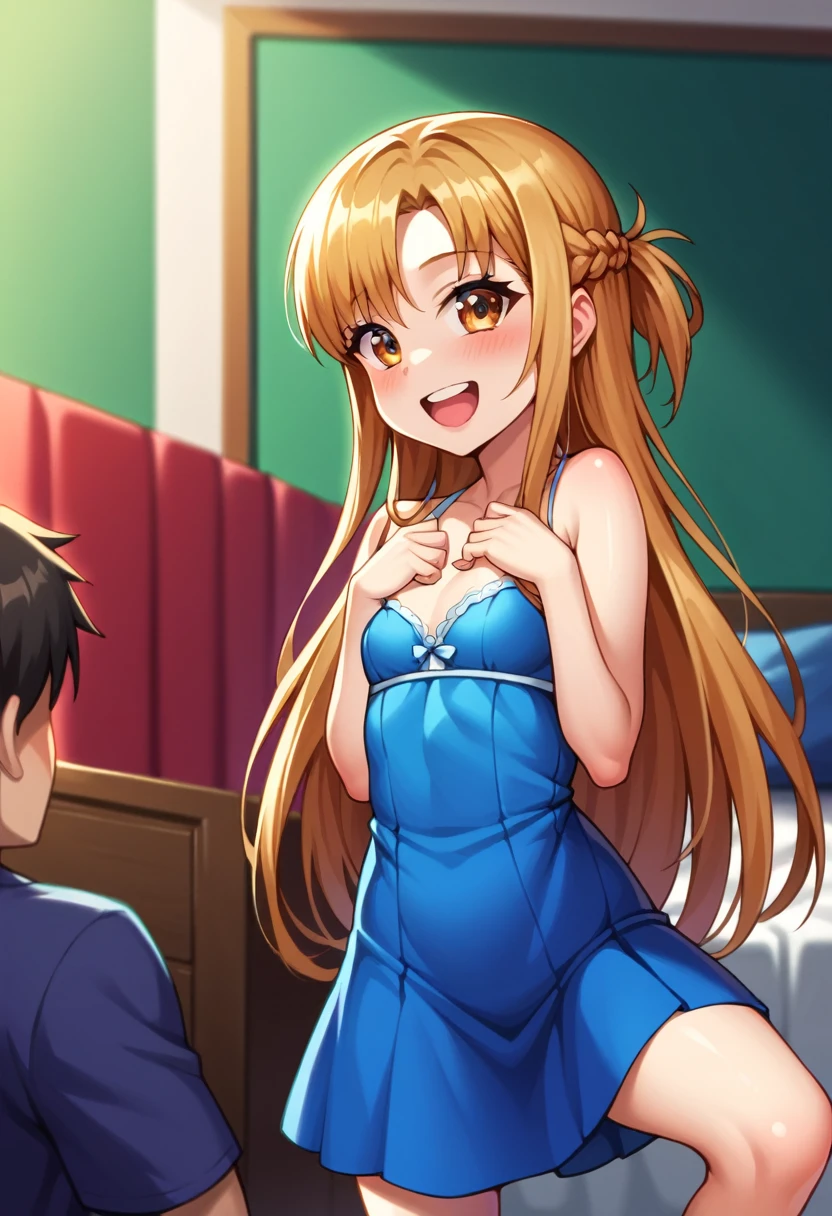 (( best quality)), ((masterpiece)), (be familiar with),  perfect face, indoor, bedroom,  watching viewers ,
One woman,  Asuna Yuki,
 characters with open mouth ,  ecstatic expression with hands in front of body, blush, smile,
Small breasts,  flat chested, Young girl, Lori,  kids,  girl,
 long hair,  long hair,
Leg spread,