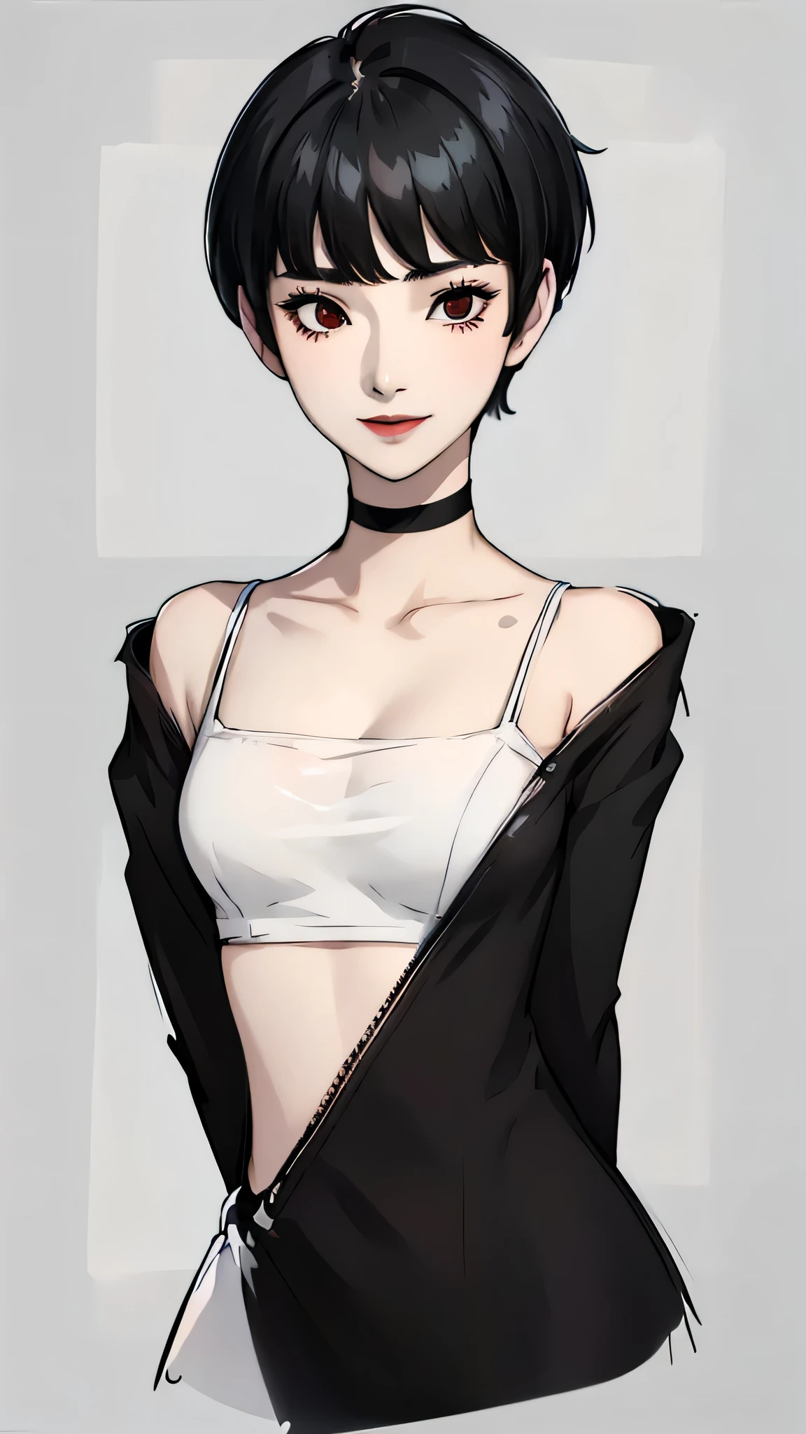 1 girl, very Short hair, tomboy Pixie haircut, black hair, red eyes, black lipstick, black lipstick, face portrait, black choker, front face, front face, face portrait, bangs, smile, white shirt, face focus
