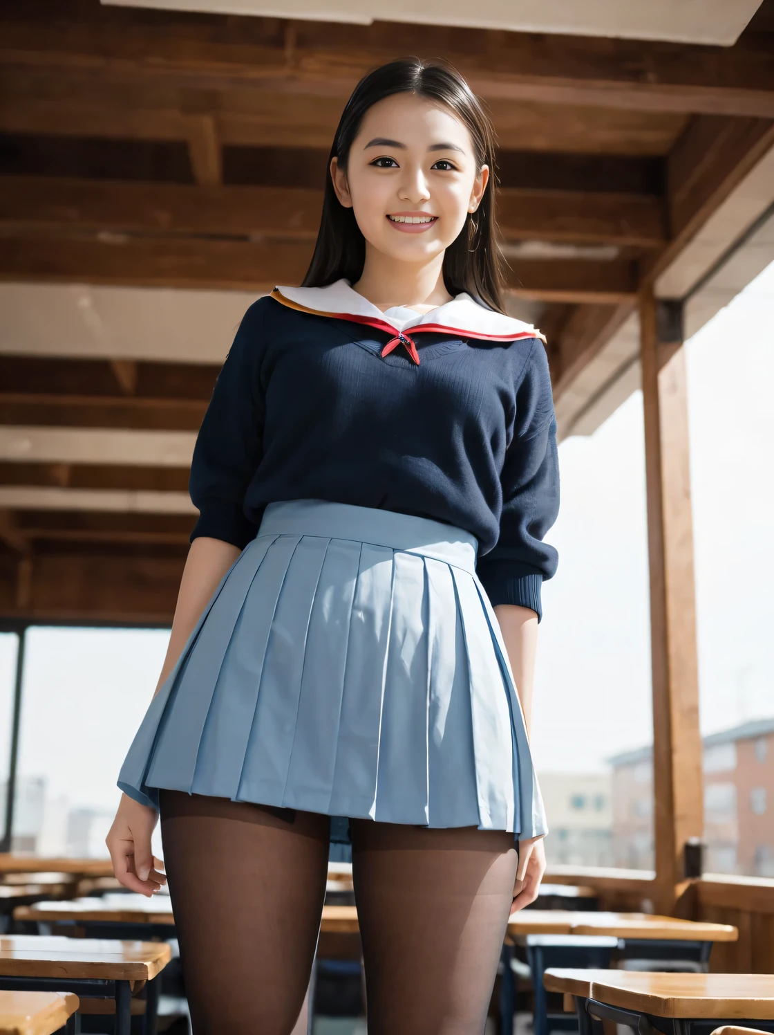  a very cute and beautiful girl ,( very delicate and beautiful face and eyes:1.2), smile, black hair,Sailor ,  wear a navy blue pleated miniskirt,(from below ),Thick black pantyhose、, summer, school rooftop during lunch break, Building,Chain Link Fence, ( best quality, table top :1.2), Intricate Details , very detailed, high definition ,Alone, Movie Lighting, windy upskirt　 full body shot　 steps　Pussy　