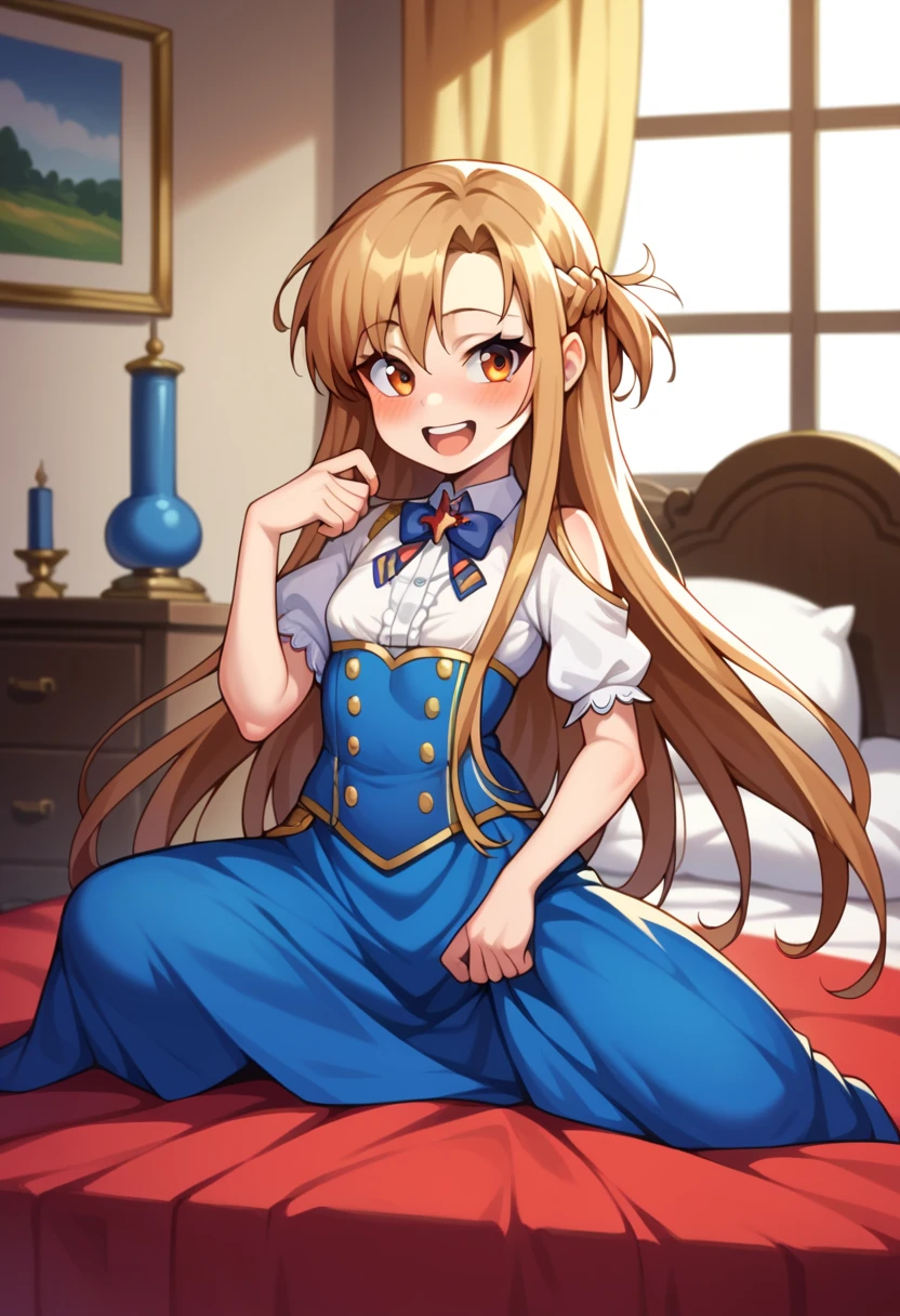 (( best quality)), ((masterpiece)), (be familiar with),  perfect face, indoor, bedroom,  watching viewers ,
One woman,  Asuna Yuki,
 characters with open mouth ,  ecstatic expression with hands in front of body, blush, smile,
Small breasts,  flat chested, Young girl, Lori,  kids,  girl,
 long hair,  long hair,
Leg spread,