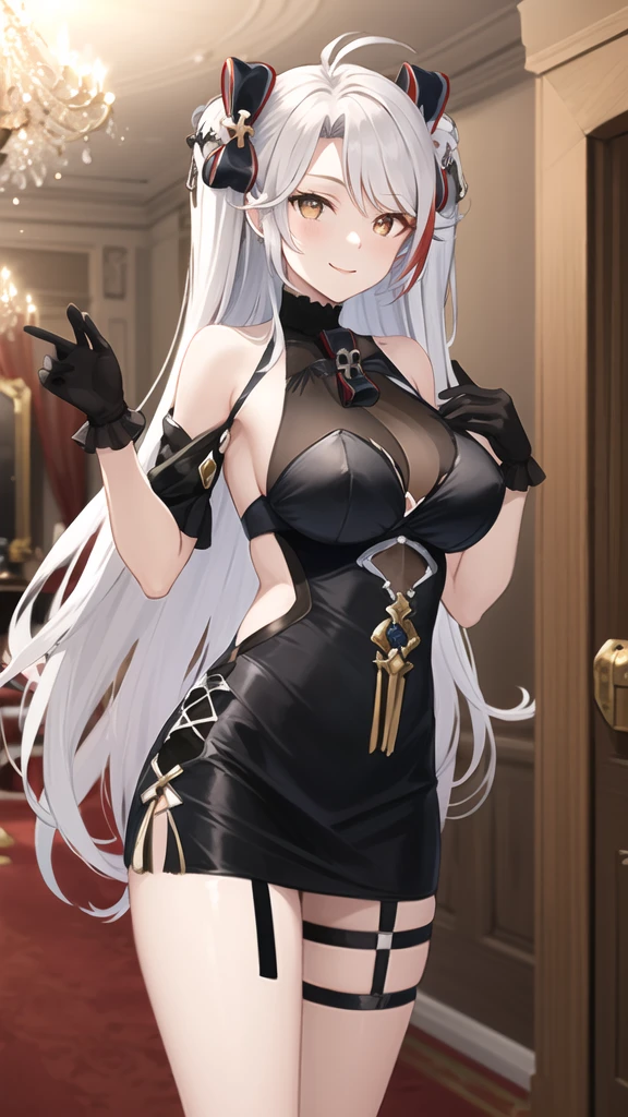 masterpiece, best quality, highres, ddeugen, long hair, two side up, antenna hair, hair bow, bare shoulders, cleavage, black dress, see-through, black gloves, thigh strap, indoors, chandelier, standing, cowboy shot, smile,