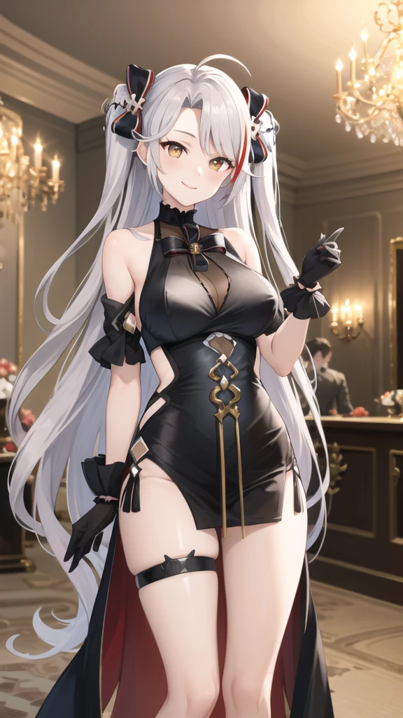 masterpiece, best quality, highres, ddeugen, long hair, two side up, antenna hair, hair bow, bare shoulders, cleavage, black dress, see-through, black gloves, thigh strap, indoors, chandelier, standing, cowboy shot, smile,