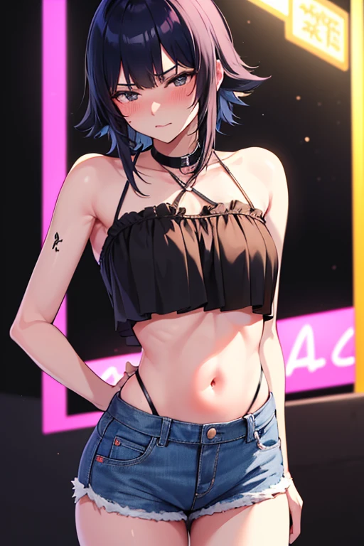 ,masterpiece,  is of the best quality, HD ,  very detailed,Yutaka variety , Shorthair 、 Long hair, Exposed shoulders  ,  cropped top below  ,belly button, denim shorts ,Awkward, blush,   Sensual Expressions , night life ,Outdoor, Neon Street ,(prostitution :1.5)