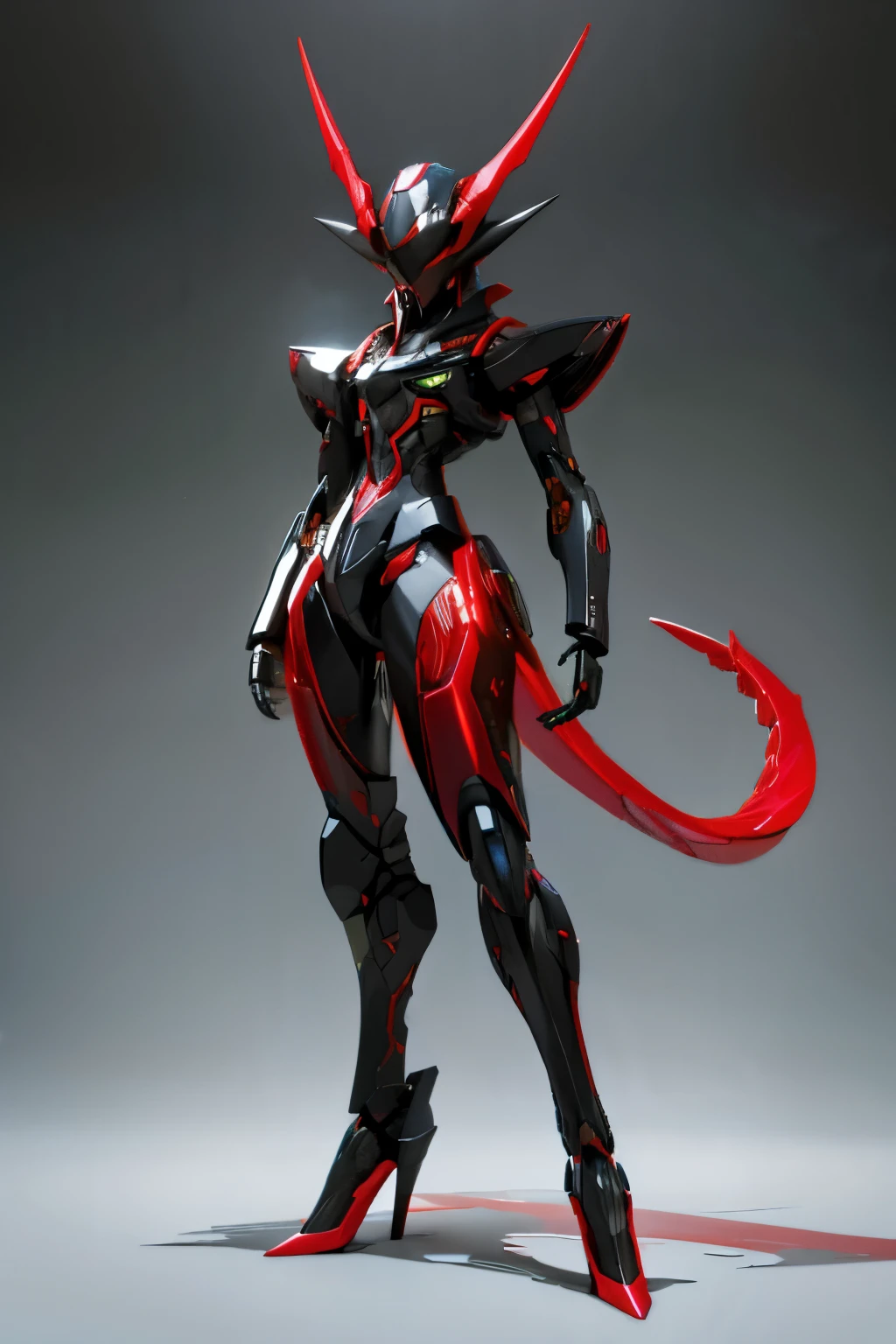  illustration style,1 black android,Mecha,mechanical, pointed ears,tail, slender,Tall head,mask, high heels,The lens of the eye emits red light,stand,Show the whole body,sci-fi background