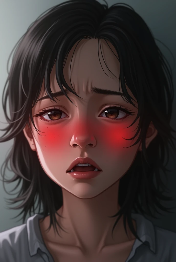 White liquid all over her body, Brown-haired woman with face fixed in urinal, Large amount of yogurt all over her body, Mouth forcibly wide open, Face closeup, Brown hair, Tongue sticking out, Freckles on face, drool dripping from mouth, Drooling, Seeing the back of throat, Tears, Masturbation, deep throat, inside urinal