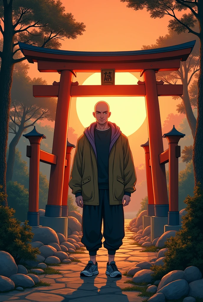  energy a 39 year old strong bald man , with sportswear, wood-colored eyes ,  surrounded by ki ,  anime-like drawing coming out of the torii found in a forest towards the city y el amanecer al fondo.  Masakatsu Katsura  