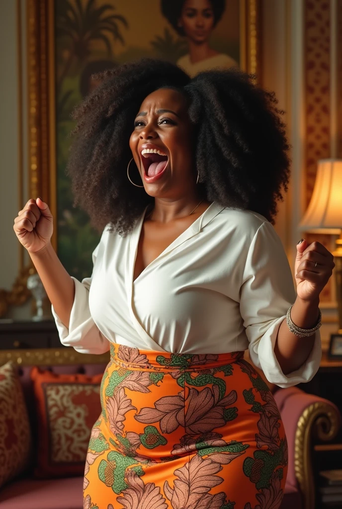 Create a real photograph, of a full-bodied woman, in a green dress with sleeves, covering her breasts, with arms up, celebrating your success, happy, happy in life